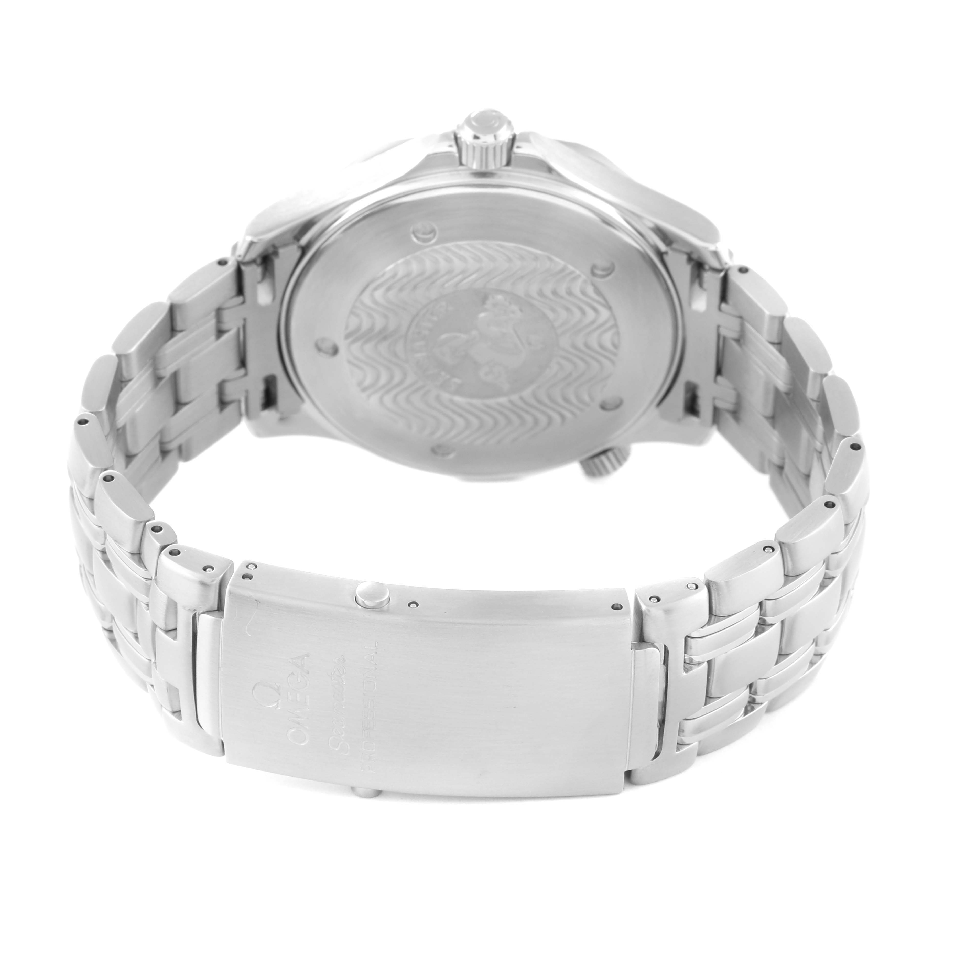 The image shows the back and clasp of the Omega Seamaster 2541.80.00 Men's Stainless Steel Blue Dial 2541.80.00 Men's Stainless Steel Blue Dial watch at an angle, highlighting the bracelet and case back.