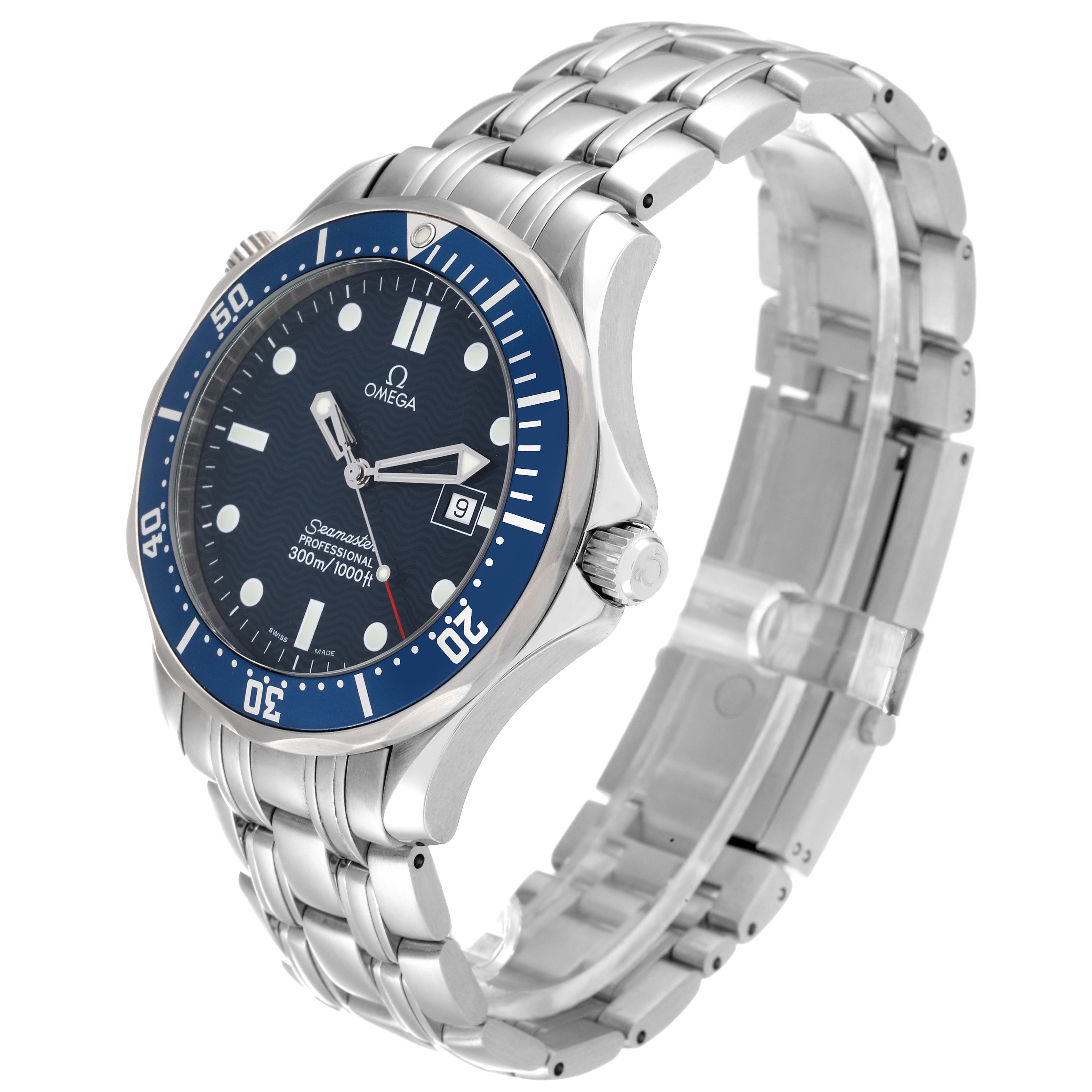 The image shows an Omega Seamaster 2541.80.00 Men's Stainless Steel Blue Dial 2541.80.00 Men's Stainless Steel Blue Dial watch from an angled side view, highlighting the dial, bezel, crown, and bracelet.