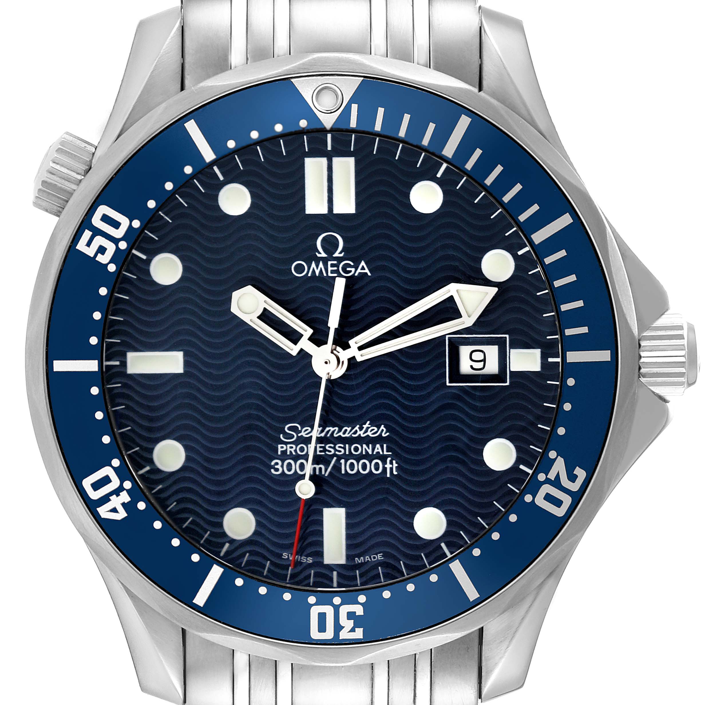 The image displays a front view of the Omega Seamaster 2541.80.00 Men's Stainless Steel Blue Dial 2541.80.00 Men's Stainless Steel Blue Dial watch, showing the dial, bezel, and part of the bracelet.