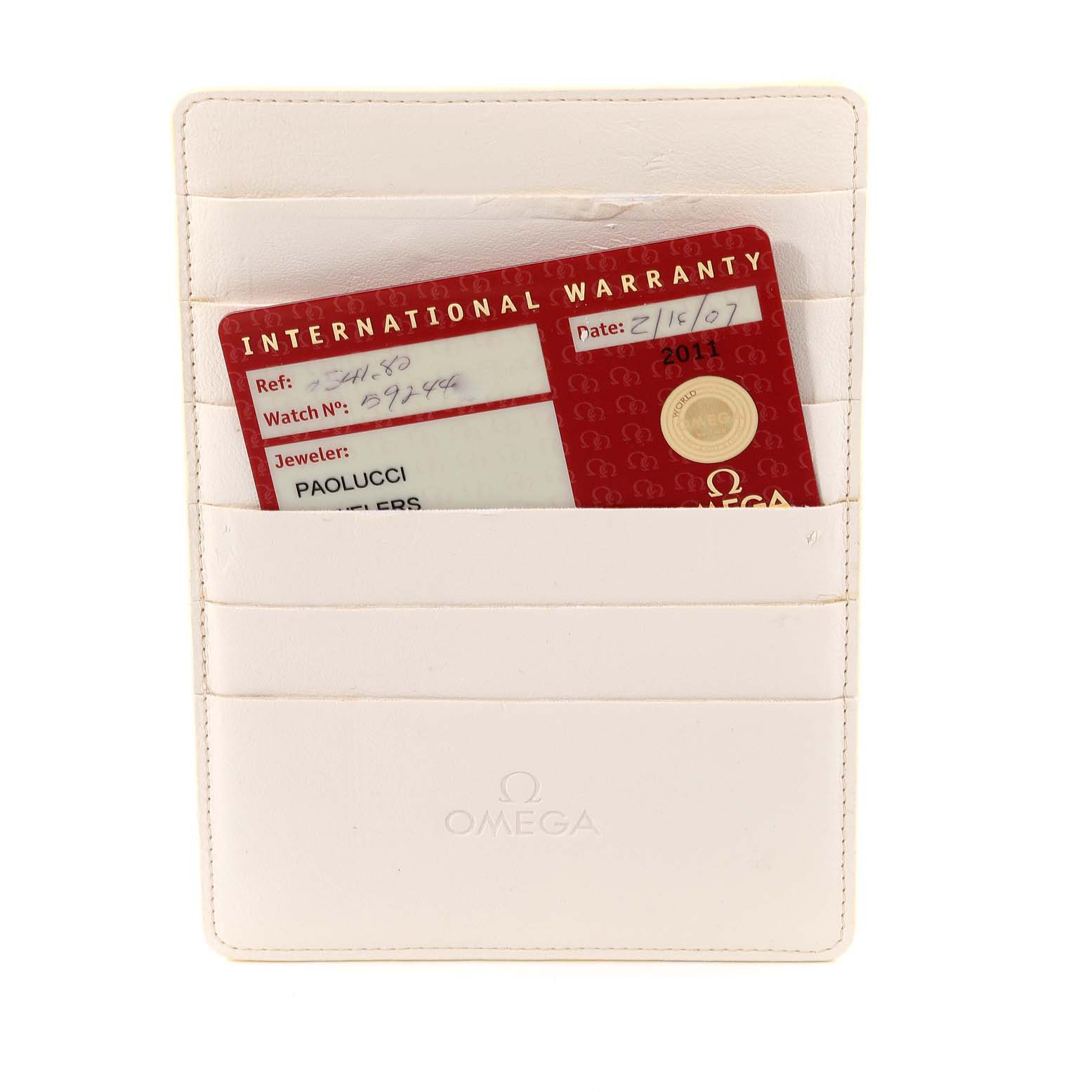 The image shows an Omega Seamaster 2541.80.00 Men's Stainless Steel Blue Dial 2541.80.00 Men's Stainless Steel Blue Dial International Warranty card inside an Omega-branded cardholder.