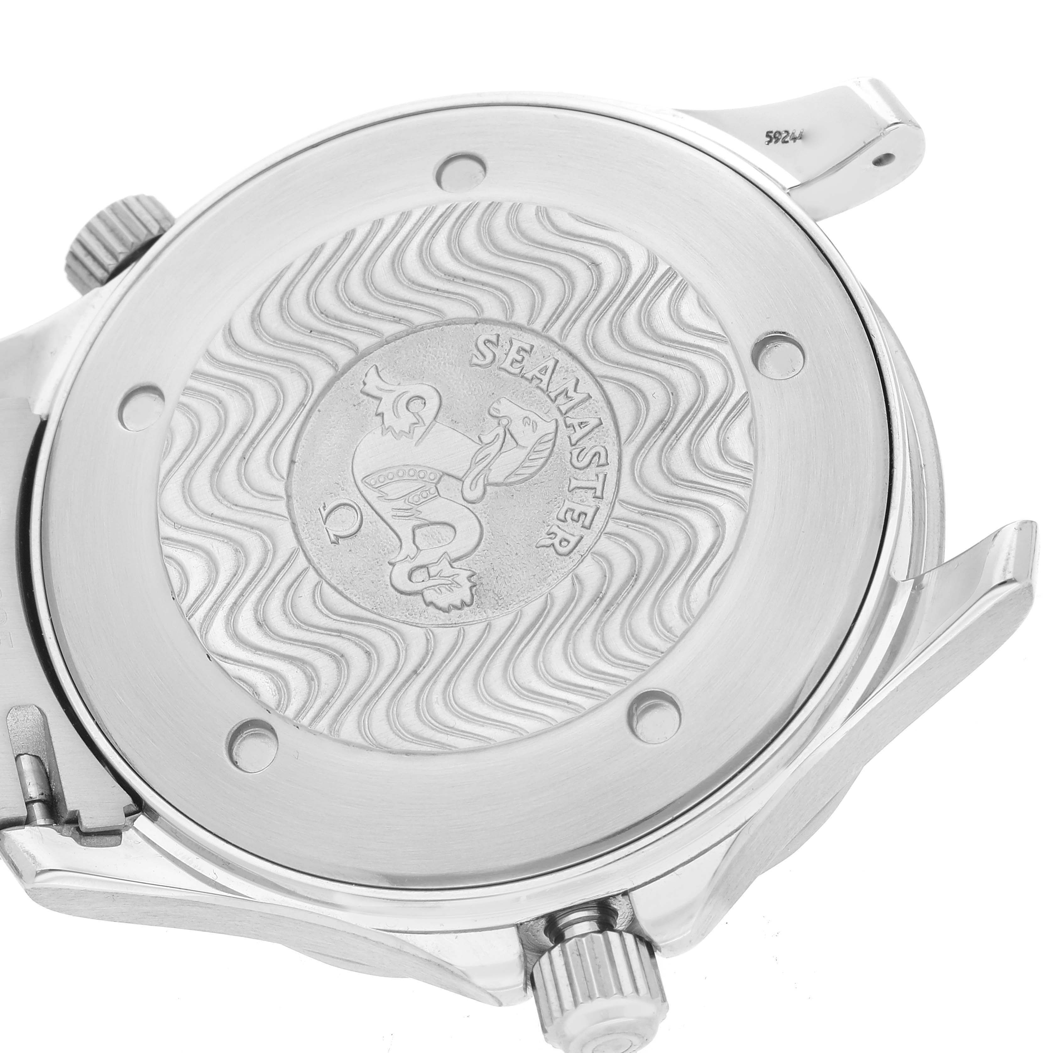 The image shows the case back and crown of the Omega Seamaster 2541.80.00 Men's Stainless Steel Blue Dial 2541.80.00 Men's Stainless Steel Blue Dial watch.