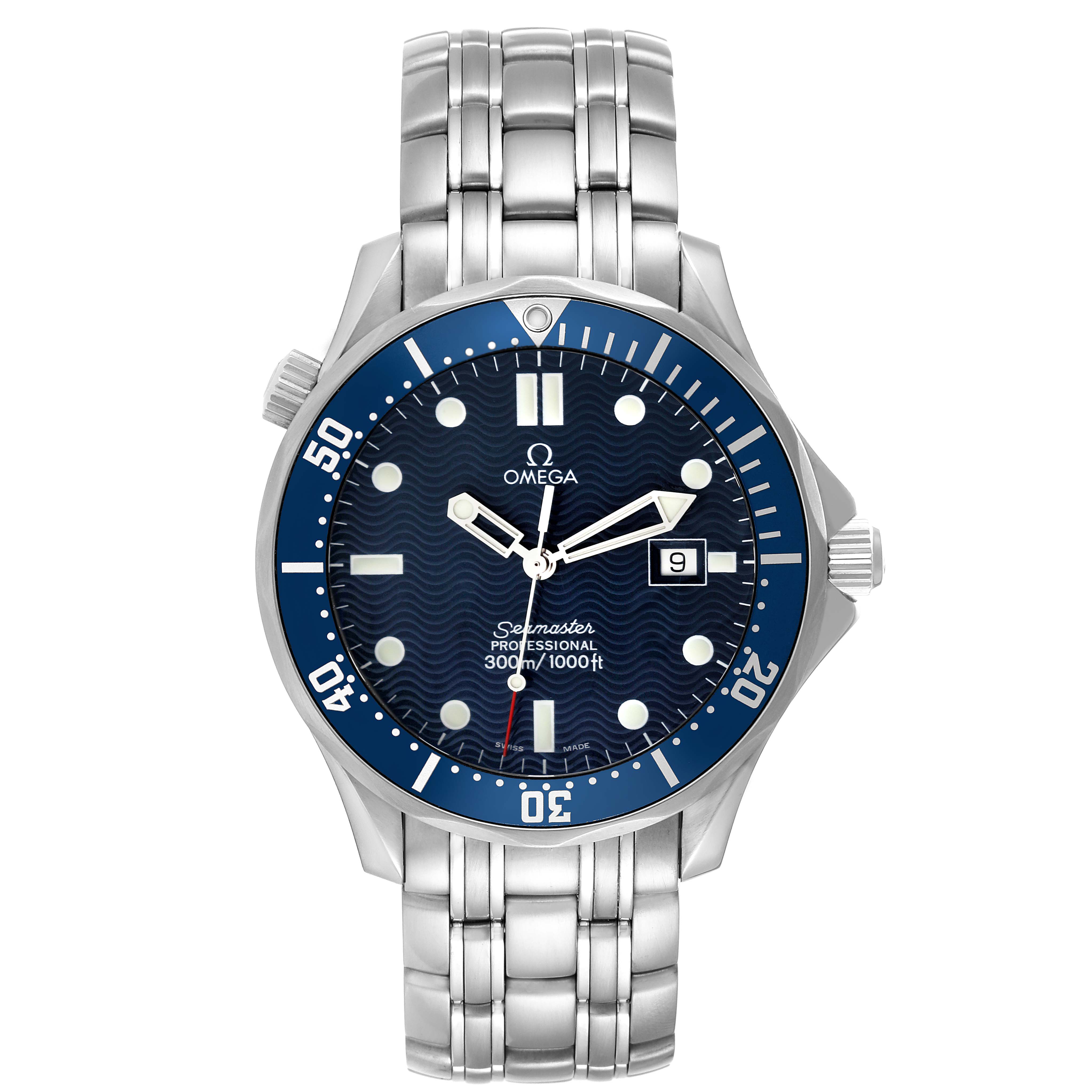 The Omega Seamaster 2541.80.00 Men's Stainless Steel Blue Dial 2541.80.00 Men's Stainless Steel Blue Dial watch is shown from the front, displaying the dial, bezel, bracelet, and crown.