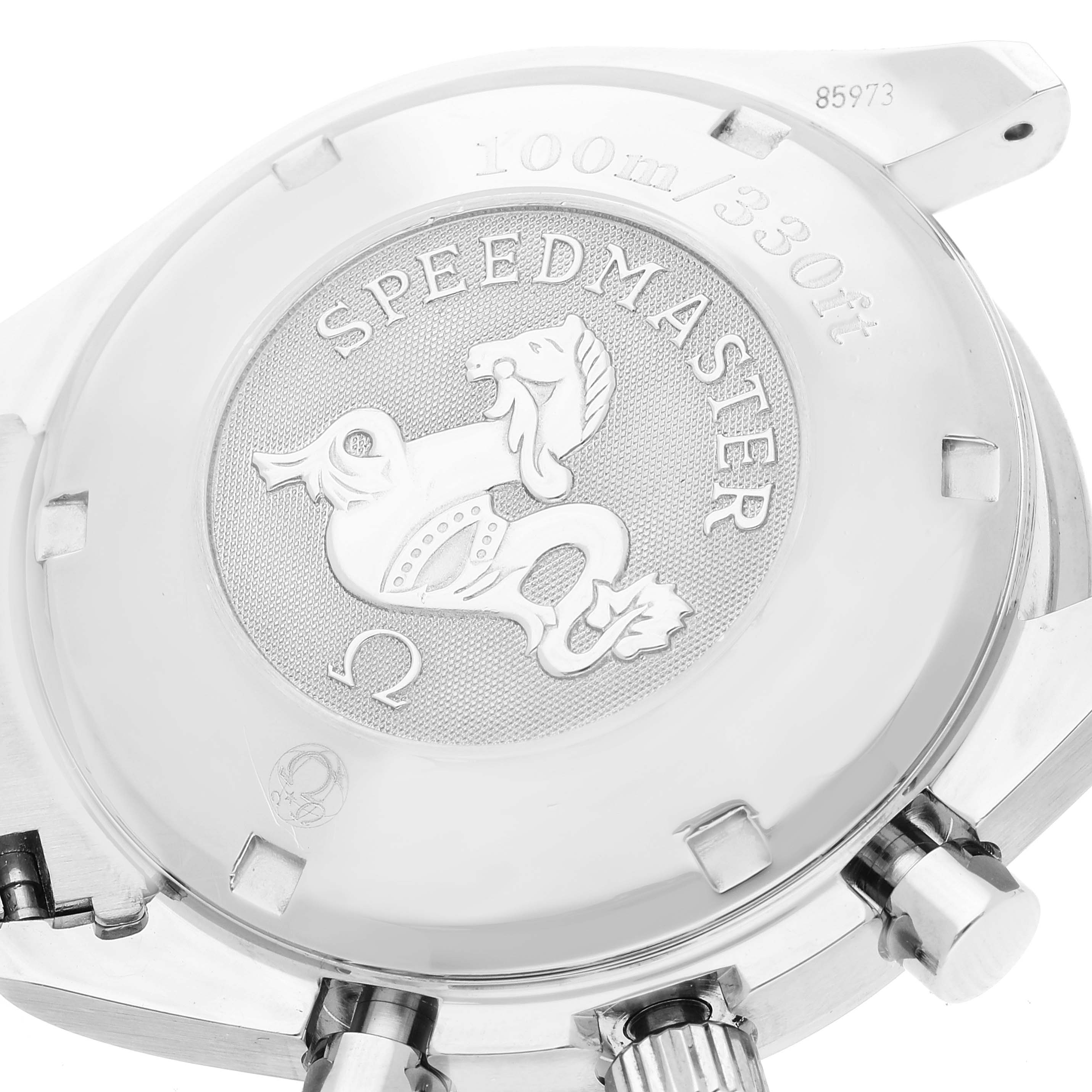 The image shows the case back and side pushers and crown of an Omega Speedmaster 3210.52.00 Men's Stainless Steel Black Dial 3210.52.00 Men's Stainless Steel Black Dial watch, viewed from a top-down angle.