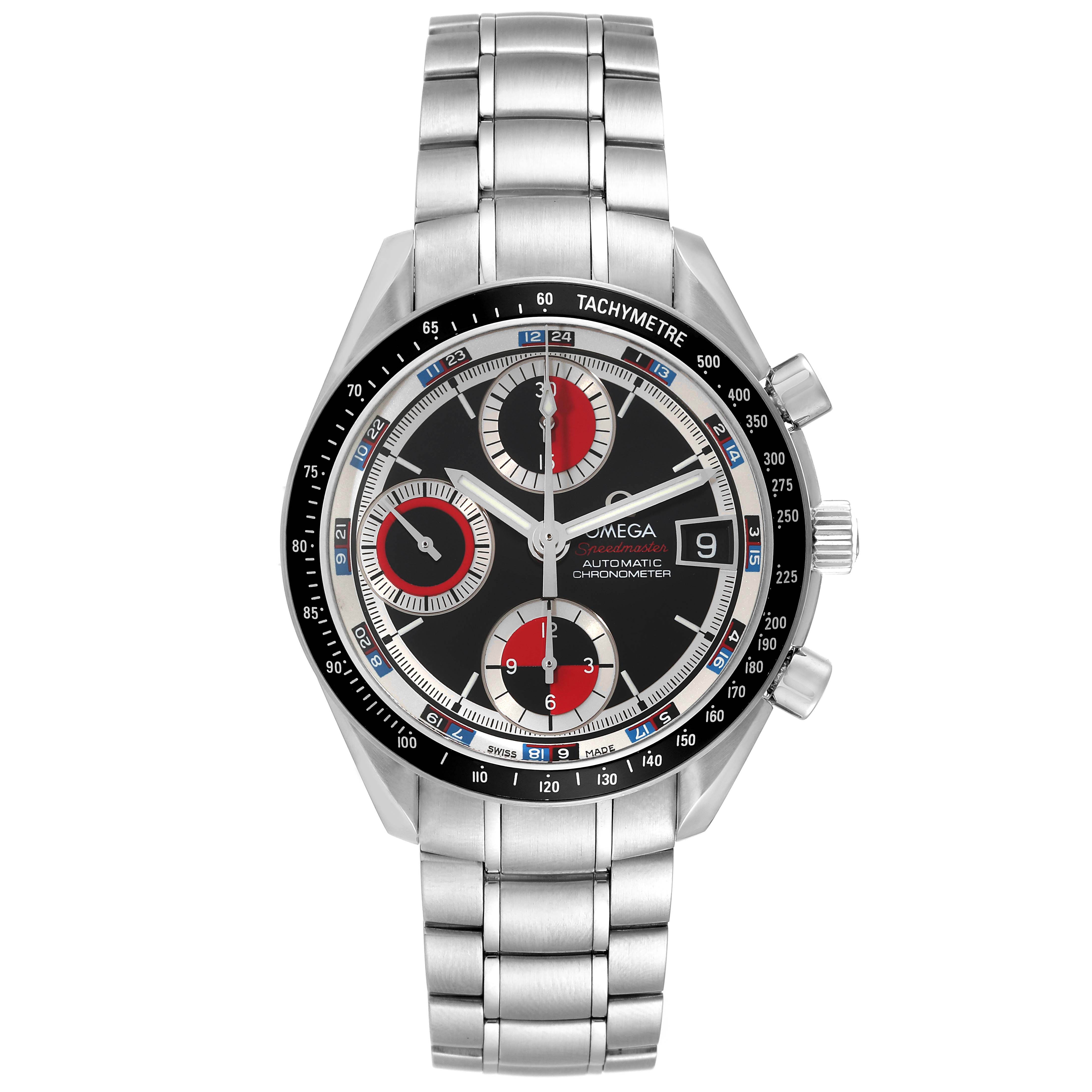 This image shows a front view of the Omega Speedmaster 3210.52.00 Men's Stainless Steel Black Dial 3210.52.00 Men's Stainless Steel Black Dial watch, featuring its dial, bezel, and bracelet.