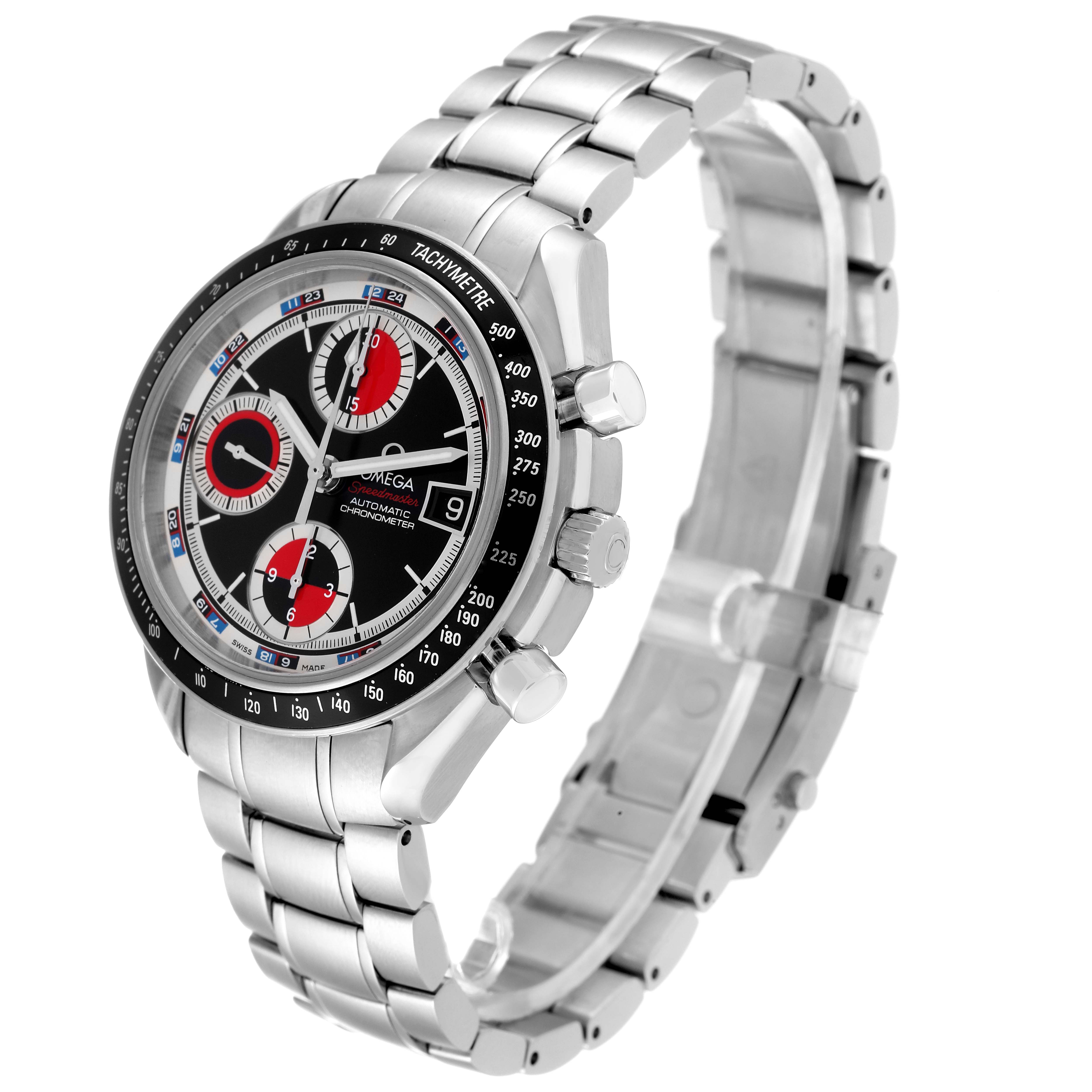 The image shows the Omega Speedmaster 3210.52.00 Men's Stainless Steel Black Dial 3210.52.00 Men's Stainless Steel Black Dial watch from a three-quarter angle, highlighting the dial, bezel, buttons, and metal band.