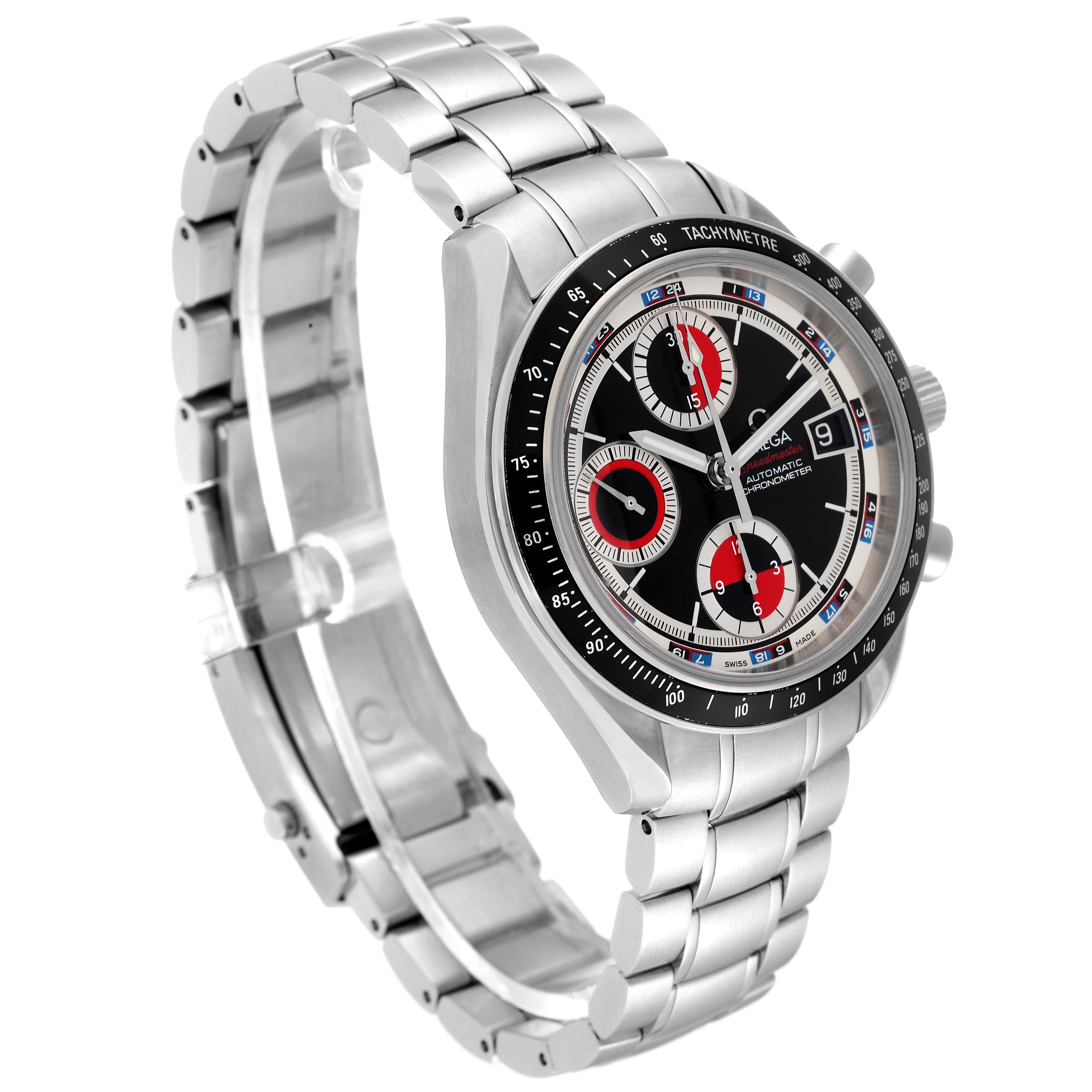 The image shows an angled view of the Omega Speedmaster 3210.52.00 Men's Stainless Steel Black Dial 3210.52.00 Men's Stainless Steel Black Dial watch, highlighting the dial, bezel, and stainless steel bracelet.