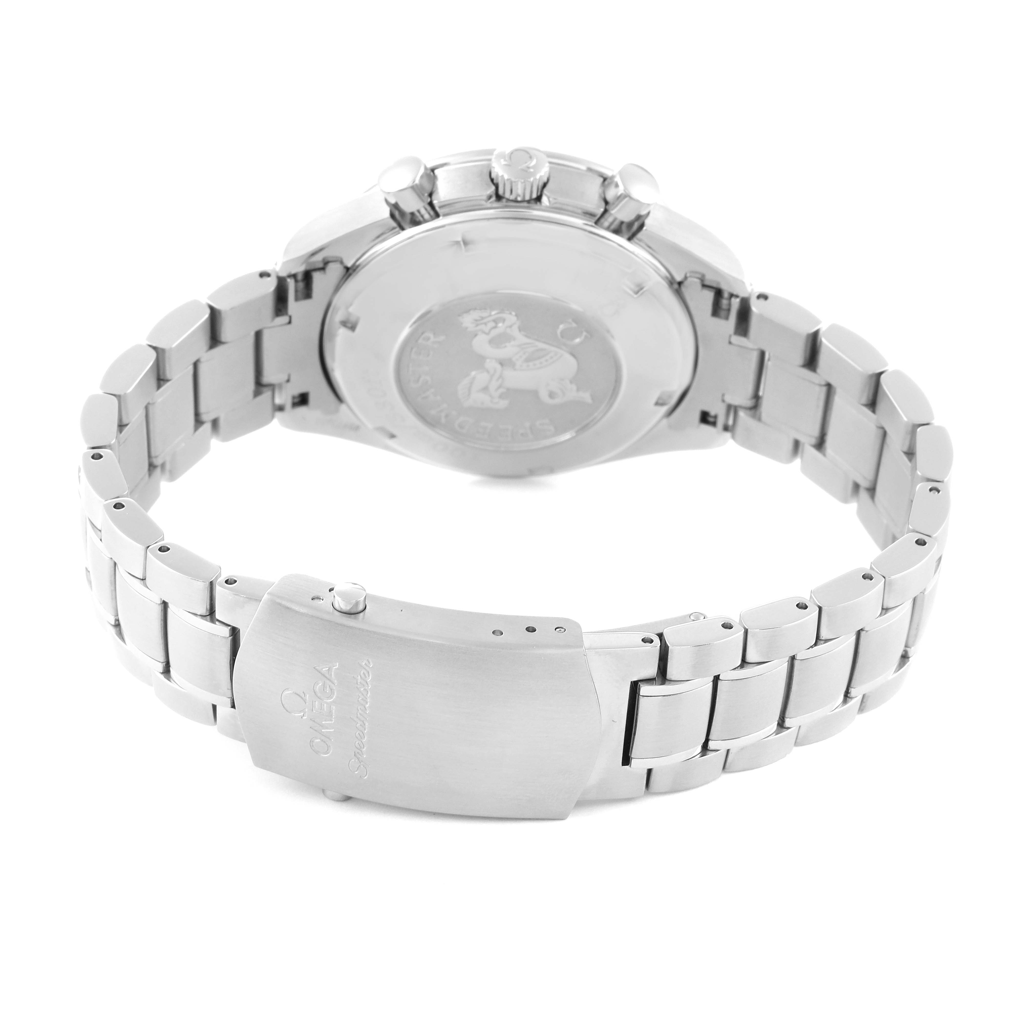 This image shows the back side of the Omega Speedmaster 3210.52.00 Men's Stainless Steel Black Dial 3210.52.00 Men's Stainless Steel Black Dial watch, highlighting the bracelet and clasp.