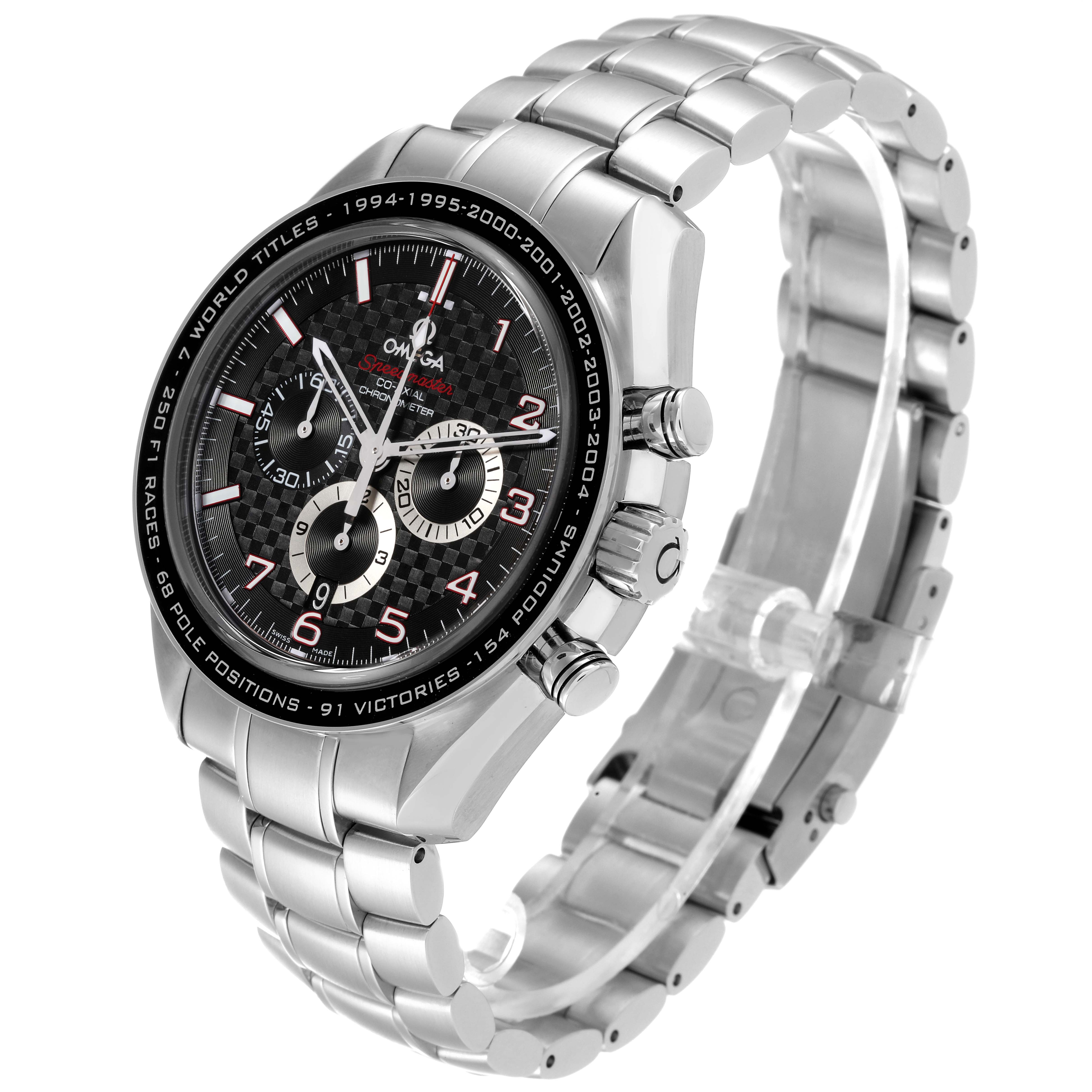 The image shows an Omega Speedmaster 321.30.44.50.01.001 Men
s Stainless Steel Black Dial 321.30.44.50.01.001 Men
s Stainless Steel Black Dial watch at a three-quarter angle, highlighting its dial, bezel, pushers, and stainless steel bracelet.