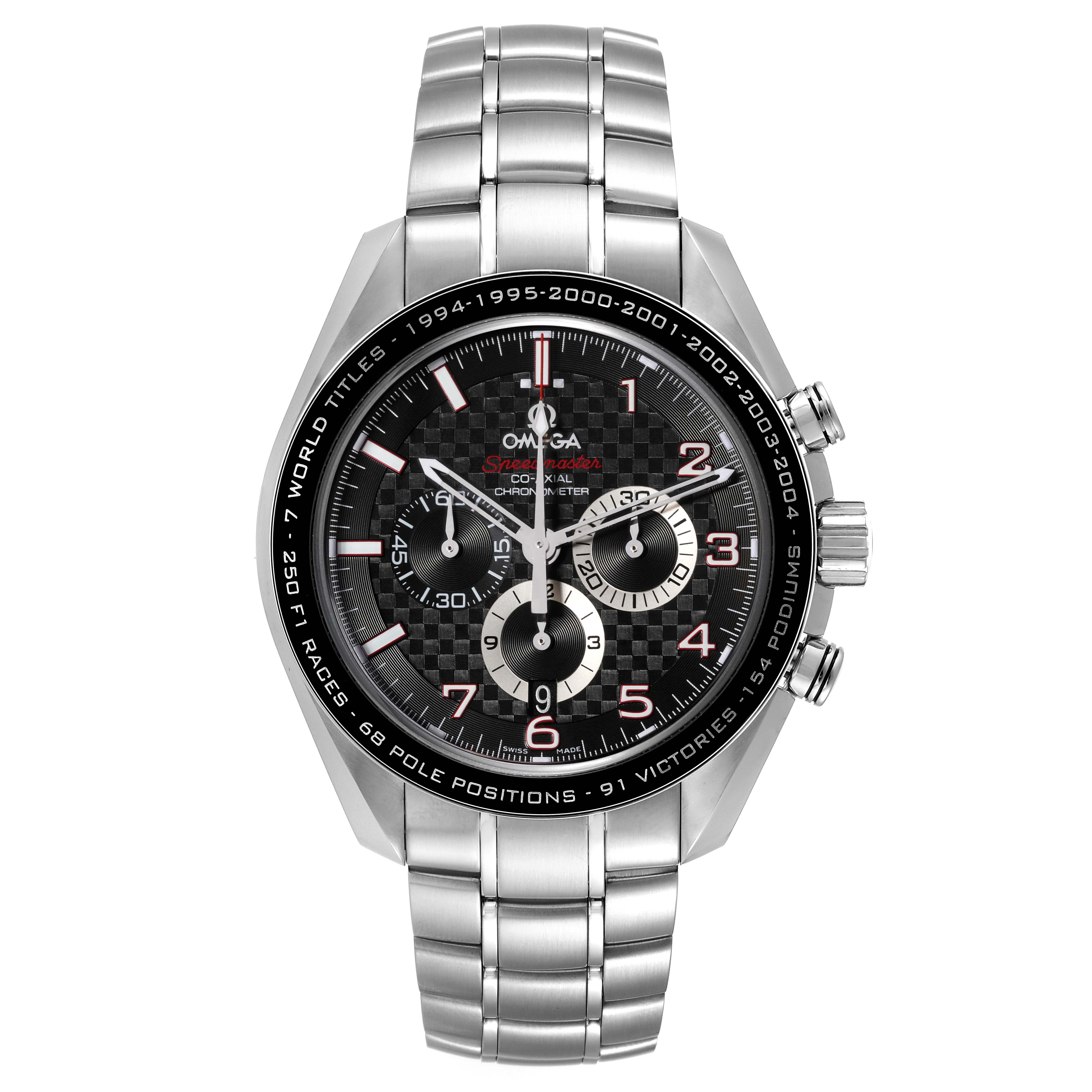 This Omega Speedmaster 321.30.44.50.01.001 Men
s Stainless Steel Black Dial 321.30.44.50.01.001 Men
s Stainless Steel Black Dial watch is shown from a straight-on angle, displaying its face, bezel, and stainless steel bracelet.