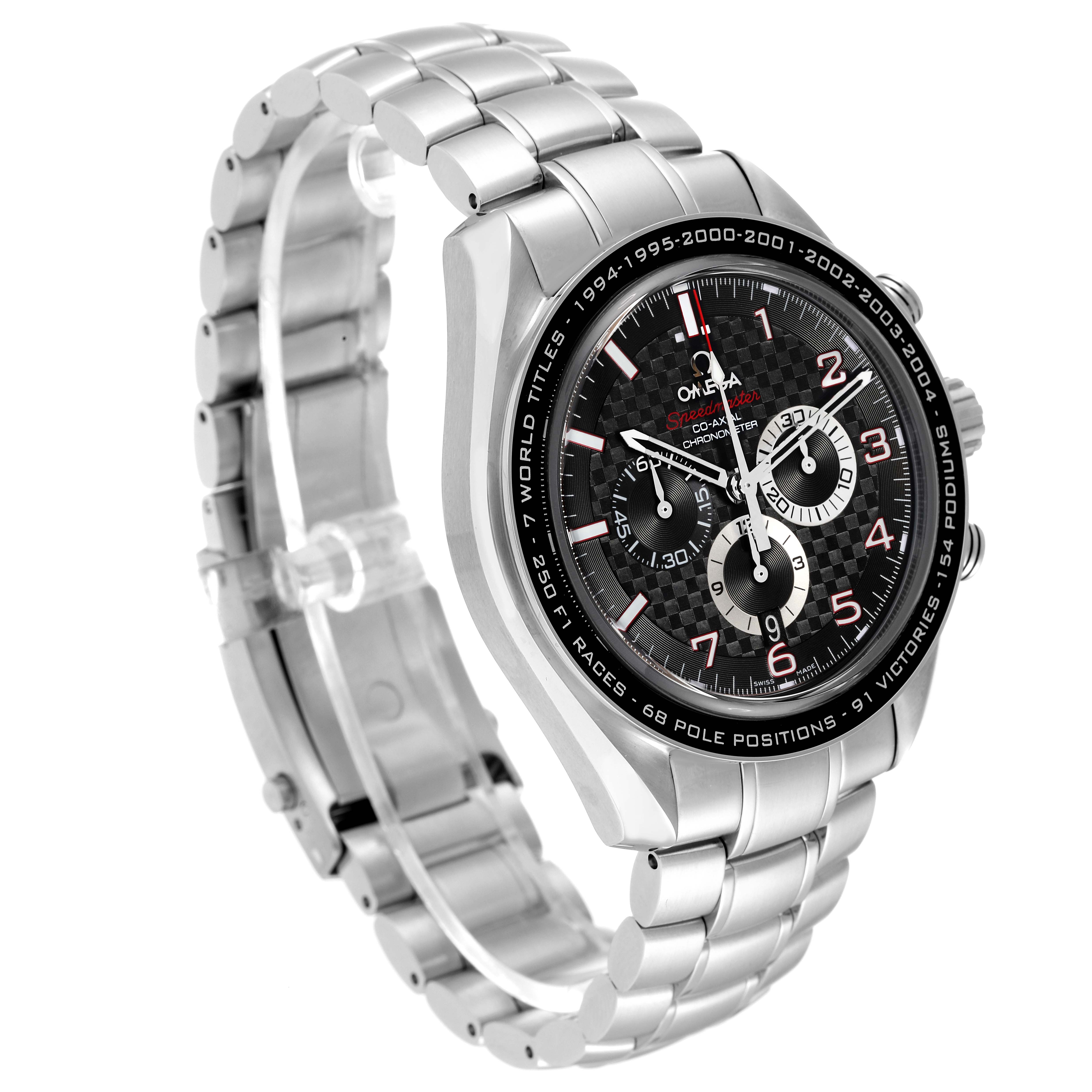 The Omega Speedmaster 321.30.44.50.01.001 Men
s Stainless Steel Black Dial 321.30.44.50.01.001 Men
s Stainless Steel Black Dial watch is shown at an angle highlighting the dial, bezel, and stainless steel bracelet.