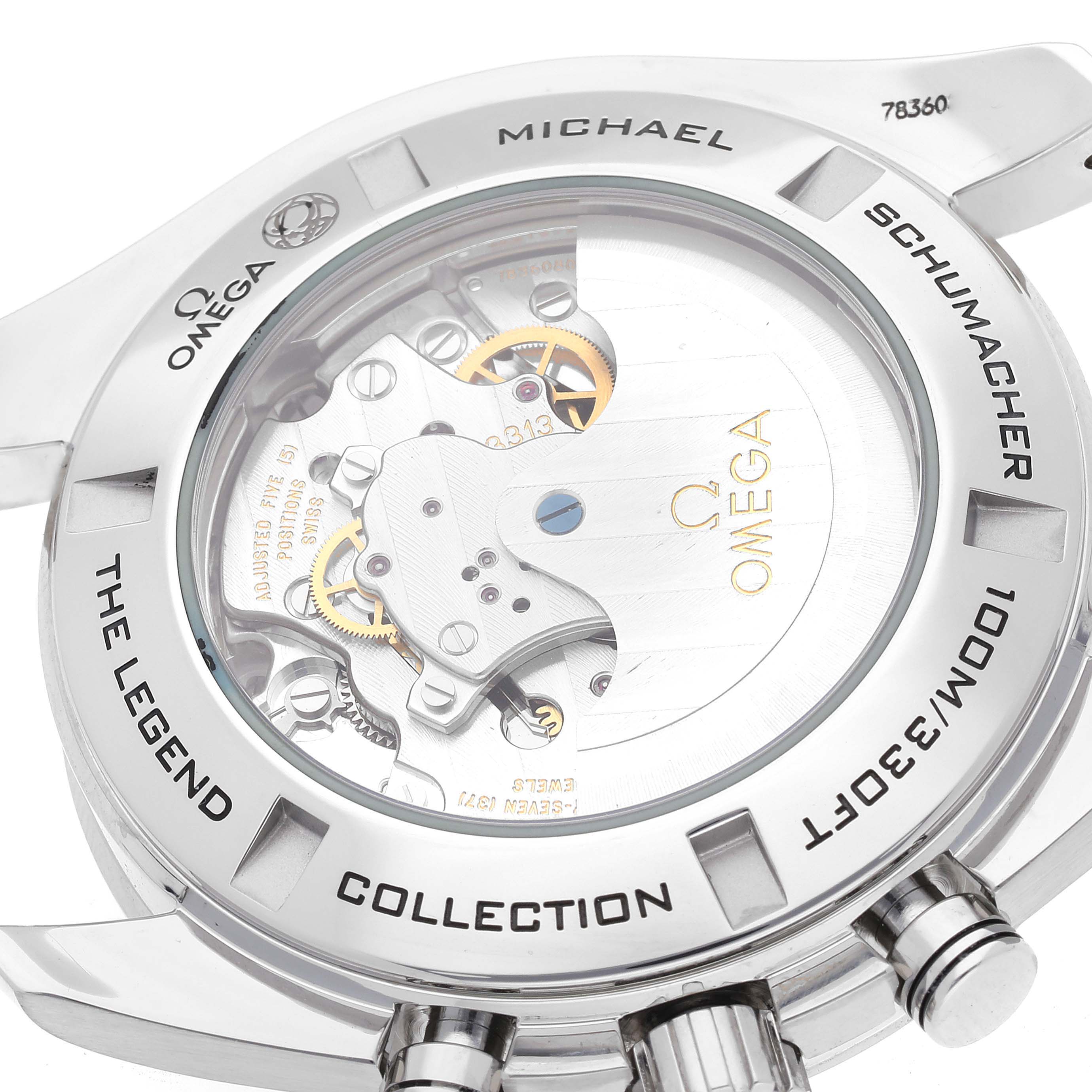 The image shows the case back of an Omega Speedmaster 321.30.44.50.01.001 Men
s Stainless Steel Black Dial 321.30.44.50.01.001 Men
s Stainless Steel Black Dial, revealing the intricate movement mechanics.