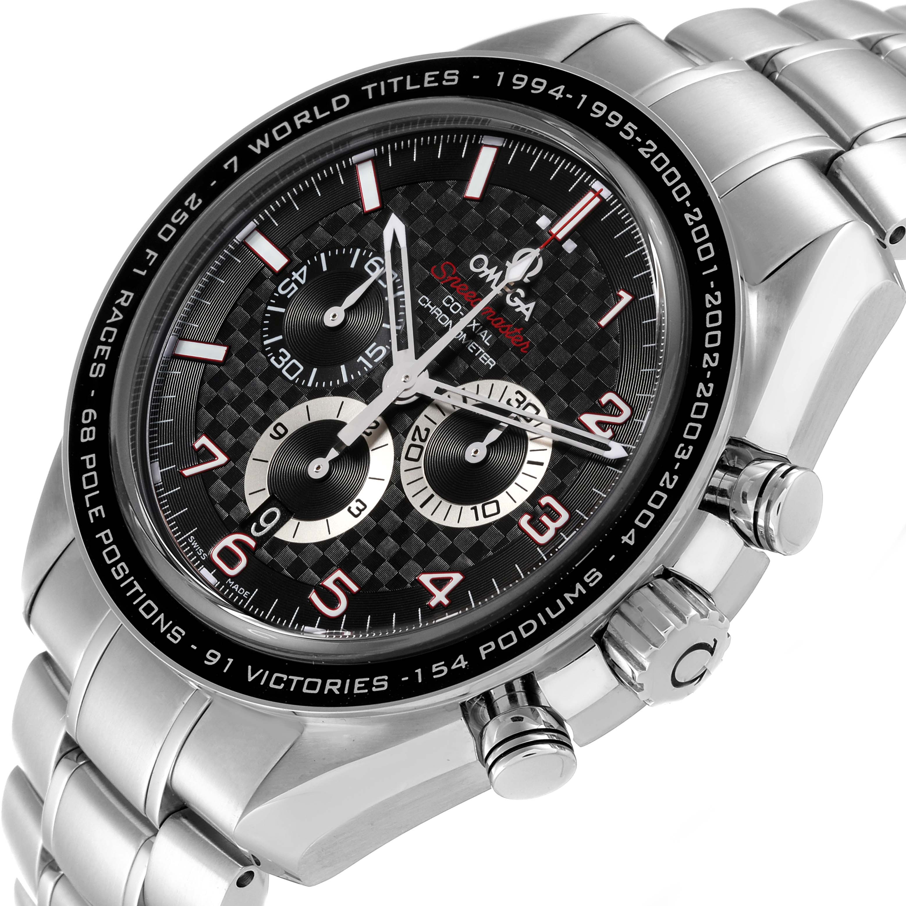 The image shows an angled view of the Omega Speedmaster 321.30.44.50.01.001 Men
s Stainless Steel Black Dial 321.30.44.50.01.001 Men
s Stainless Steel Black Dial watch, highlighting the dial, bezel, chronograph subdials, and pushers.