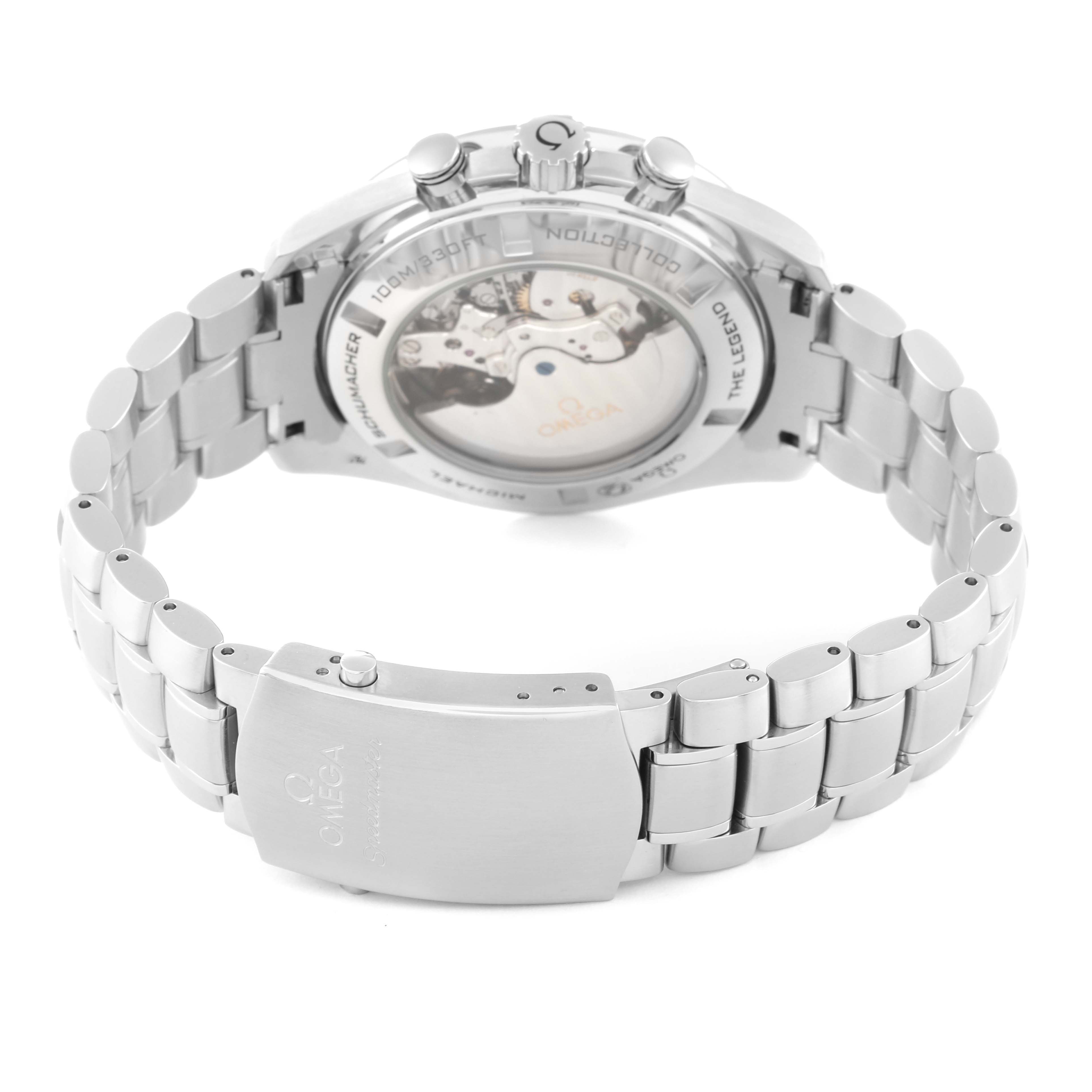 The image shows the back and clasp of the Omega Speedmaster 321.30.44.50.01.001 Men
s Stainless Steel Black Dial 321.30.44.50.01.001 Men
s Stainless Steel Black Dial watch, highlighting its bracelet and exhibition case back.