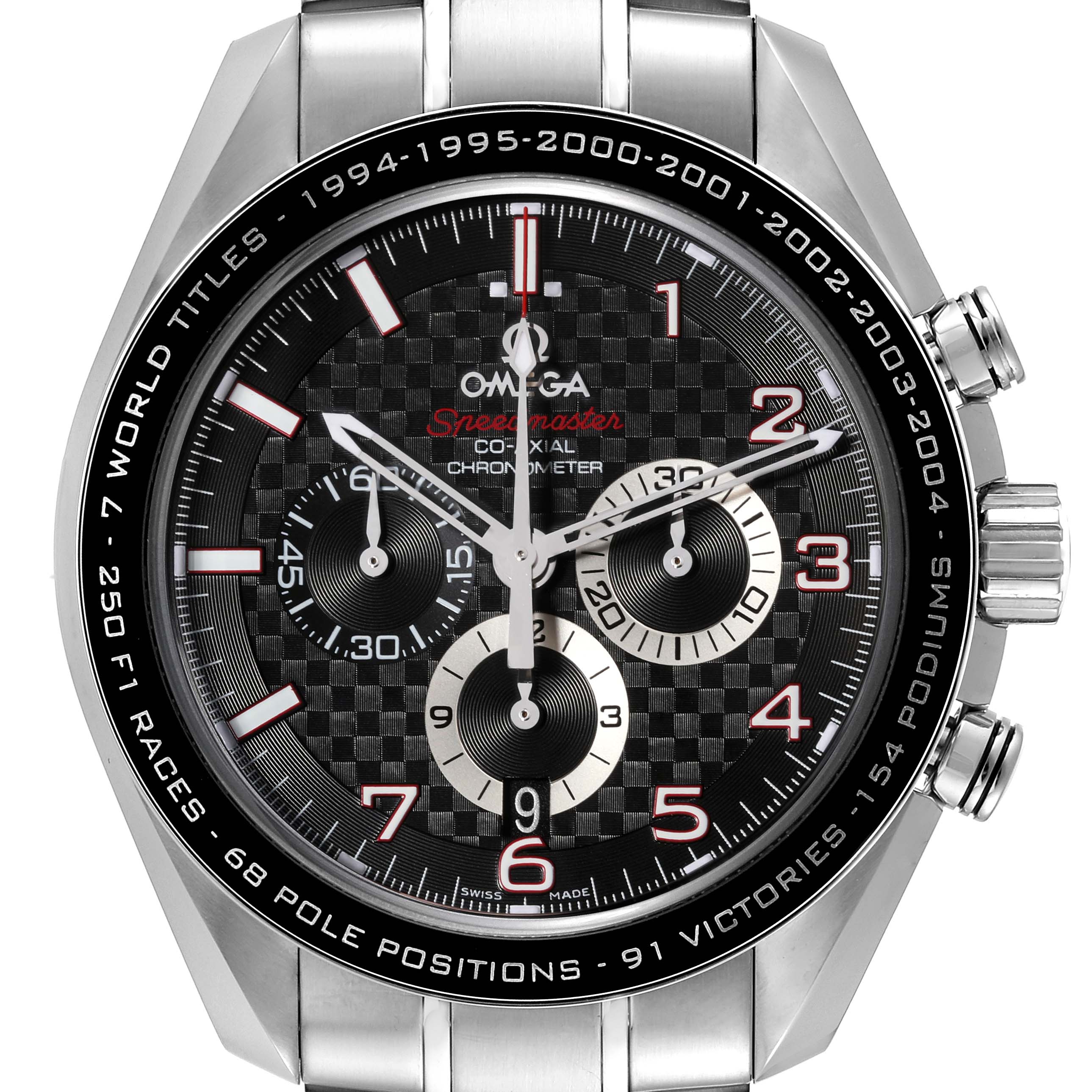 This image shows a front view of the Omega Speedmaster 321.30.44.50.01.001 Men
s Stainless Steel Black Dial 321.30.44.50.01.001 Men
s Stainless Steel Black Dial watch, highlighting the dial, sub-dials, and bezel detailing.