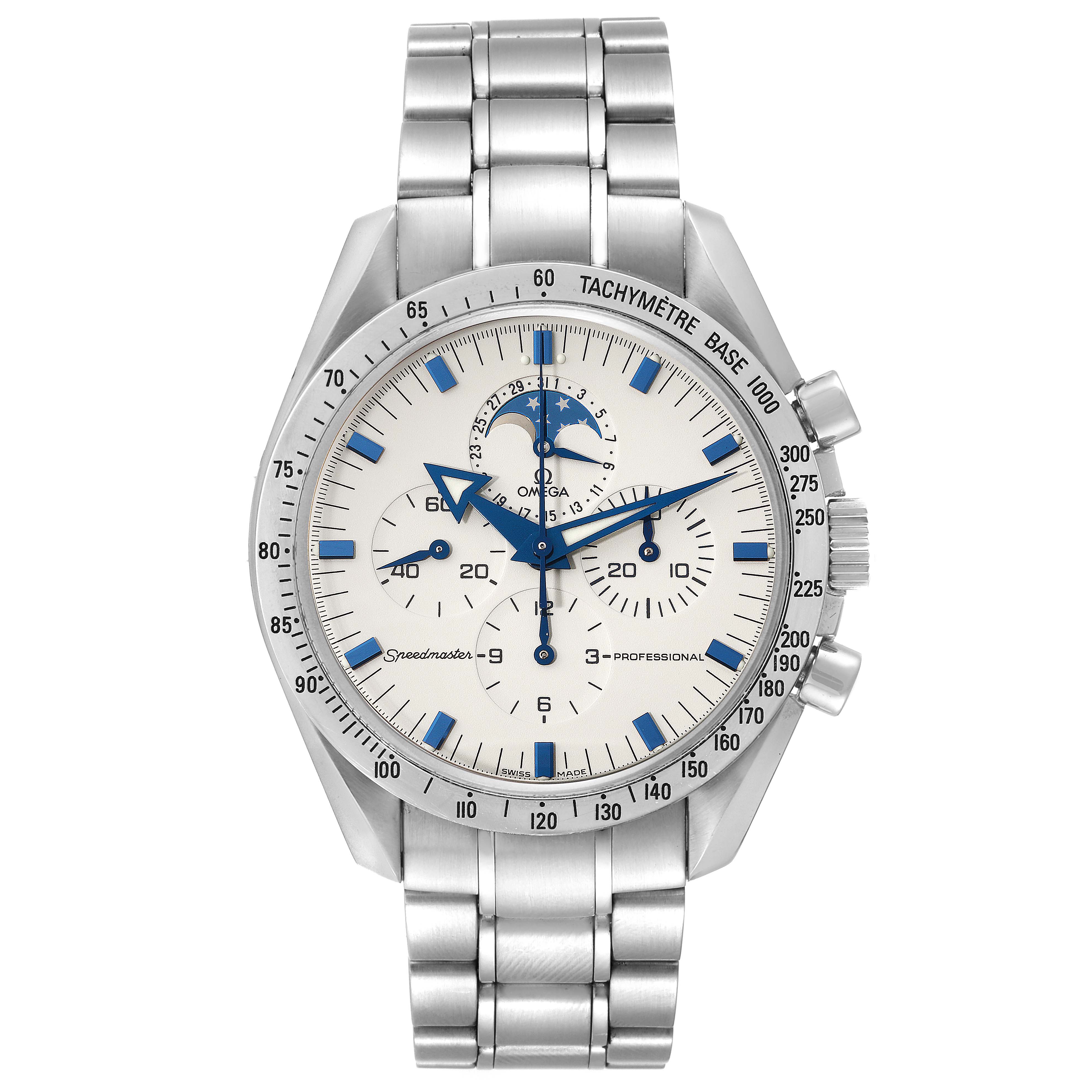 This image shows a front view of the Omega Speedmaster 3575.20.00 Men's Stainless Steel White Dial 3575.20.00 Men's Stainless Steel White Dial watch, highlighting the dial, hands, subdials, and bracelet.