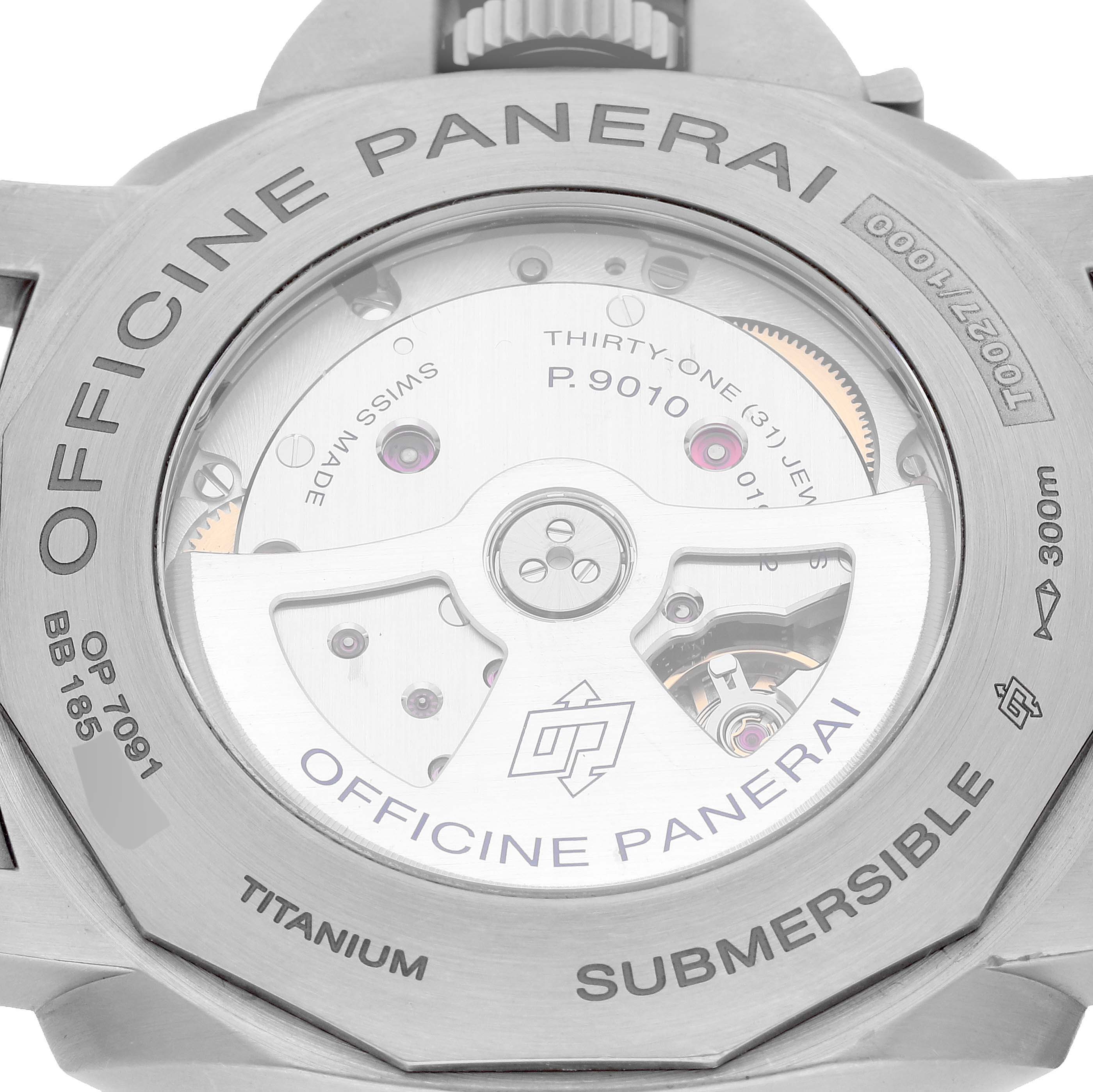 The image shows the back of a Panerai Submersible PAM01305 Men's Titanium Black Dial PAM01305 Men's Titanium Black Dial watch, highlighting its titanium case and visible movement.