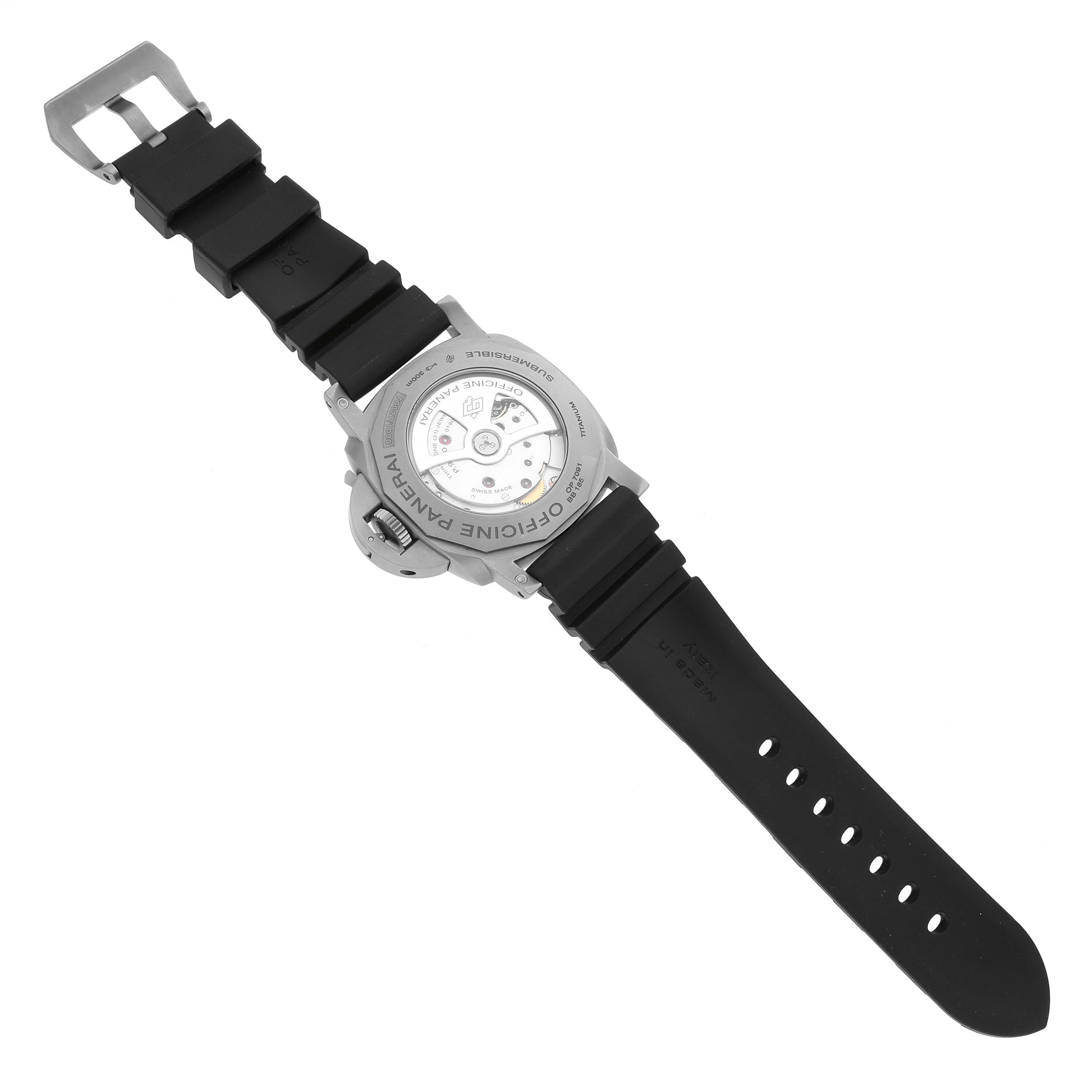 The image shows the back view of a Panerai Submersible PAM01305 Men's Titanium Black Dial PAM01305 Men's Titanium Black Dial watch, displaying its case back and black rubber strap.