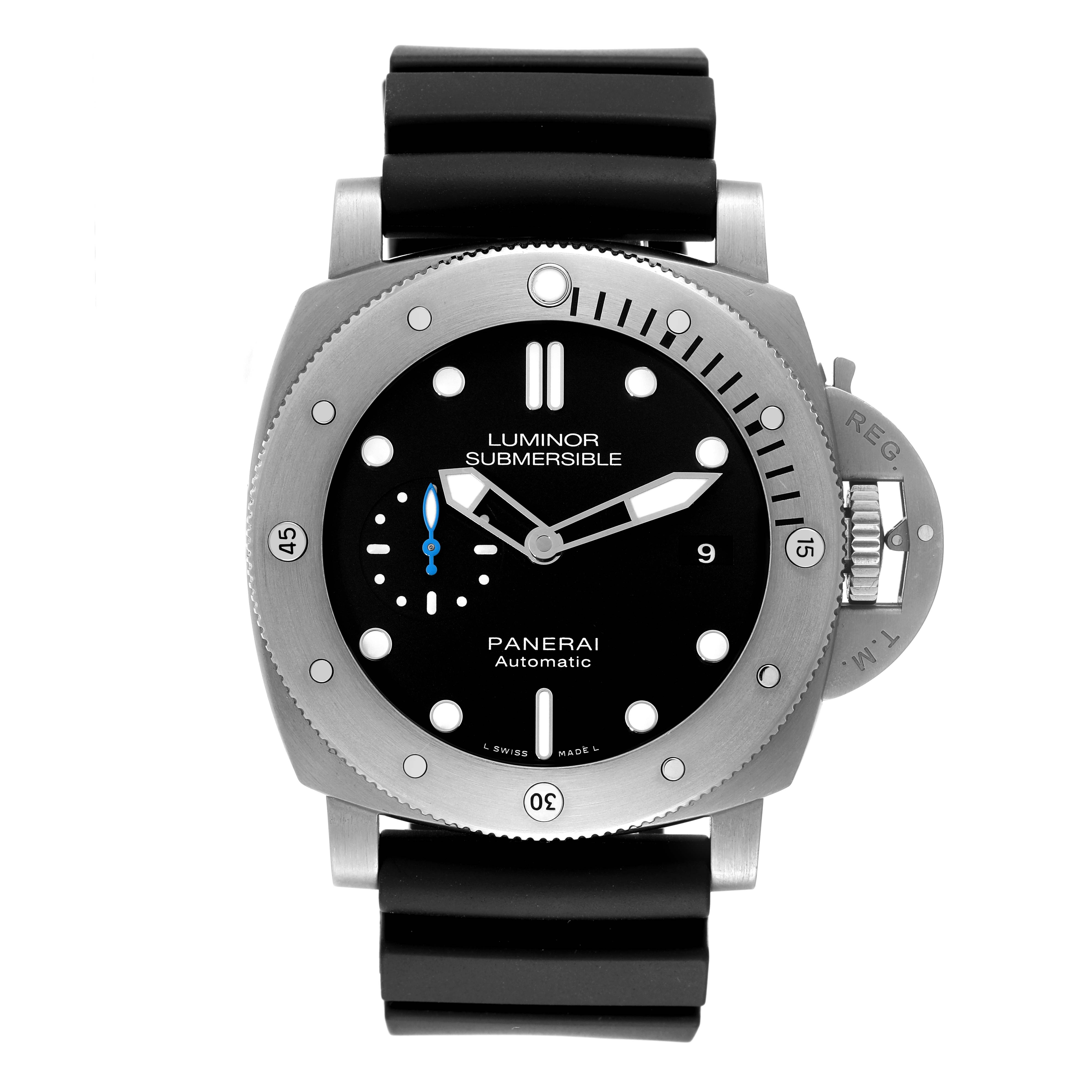 The image shows a front view of the Panerai Luminor Submersible watch, highlighting its black dial, bezel, and rubber strap.