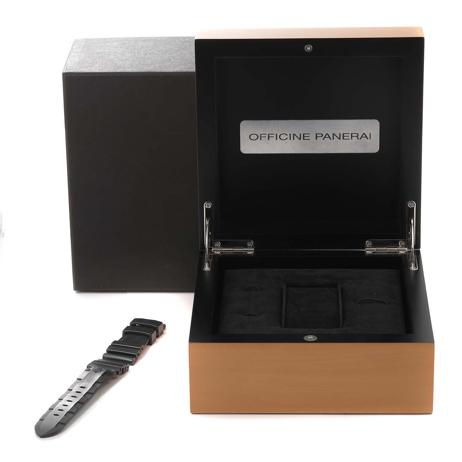 The image shows an open case and a strap for the Panerai Submersible PAM01305 Men's Titanium Black Dial PAM01305 Men's Titanium Black Dial watch.