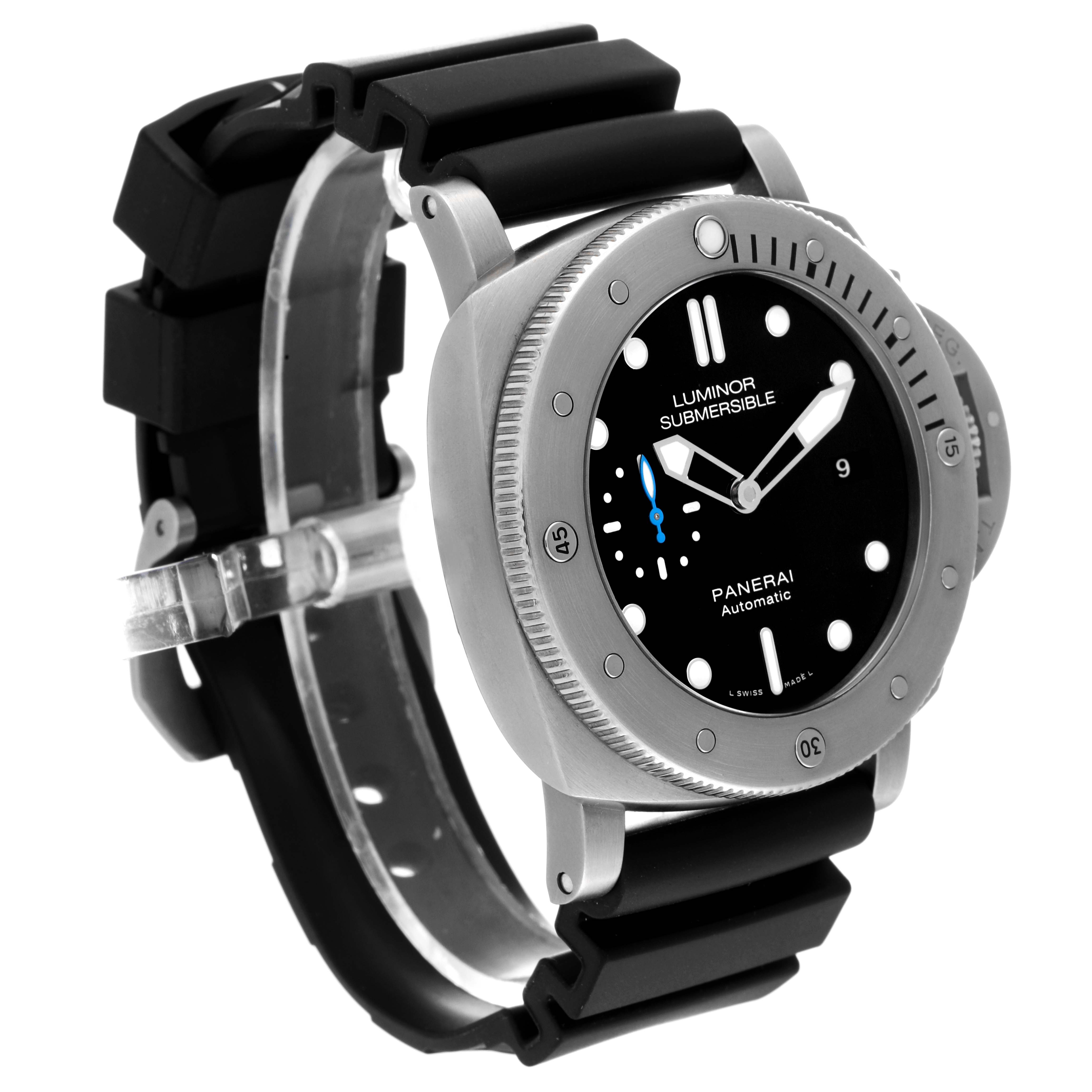 The Panerai Submersible PAM01305 Men's Titanium Black Dial PAM01305 Men's Titanium Black Dial watch is shown from an angled side view, highlighting the case, bezel, dial, and black rubber strap.