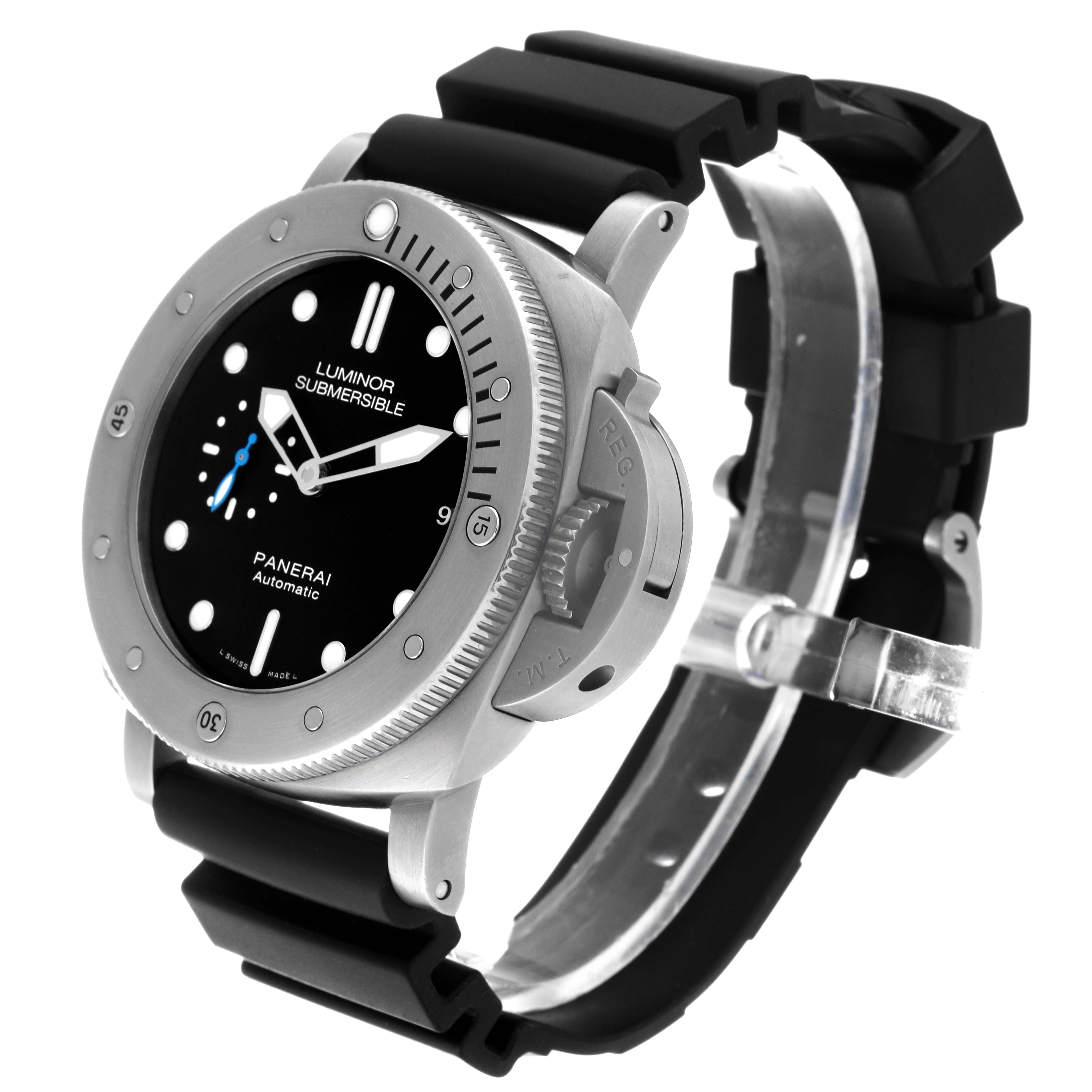 The image shows a Panerai Submersible PAM01305 Men's Titanium Black Dial PAM01305 Men's Titanium Black Dial watch from an angled side view, highlighting its bezel, dial, and rubber strap.