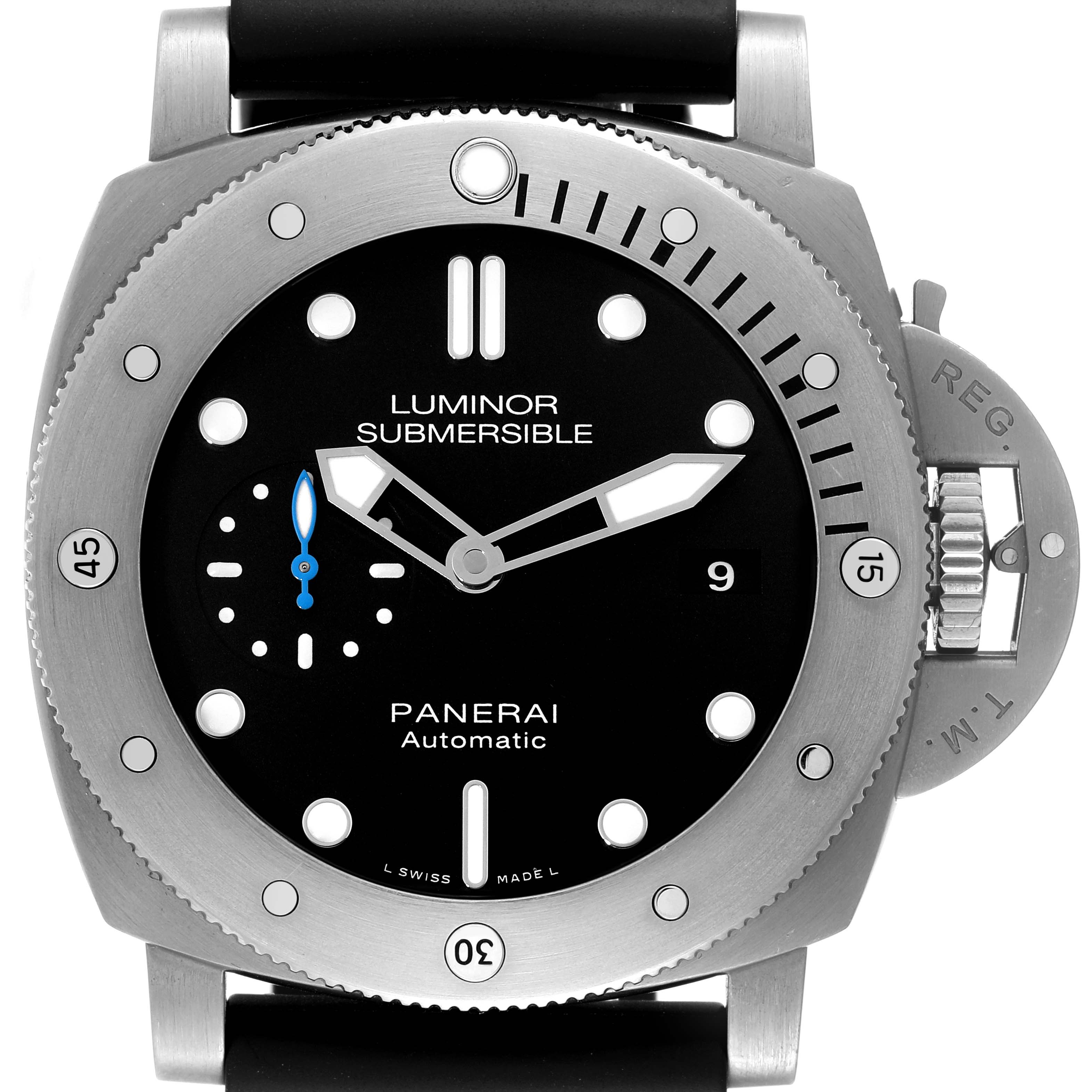 The image shows the front view of a Panerai Luminor Submersible watch, highlighting its dial, bezel, and crown guard.