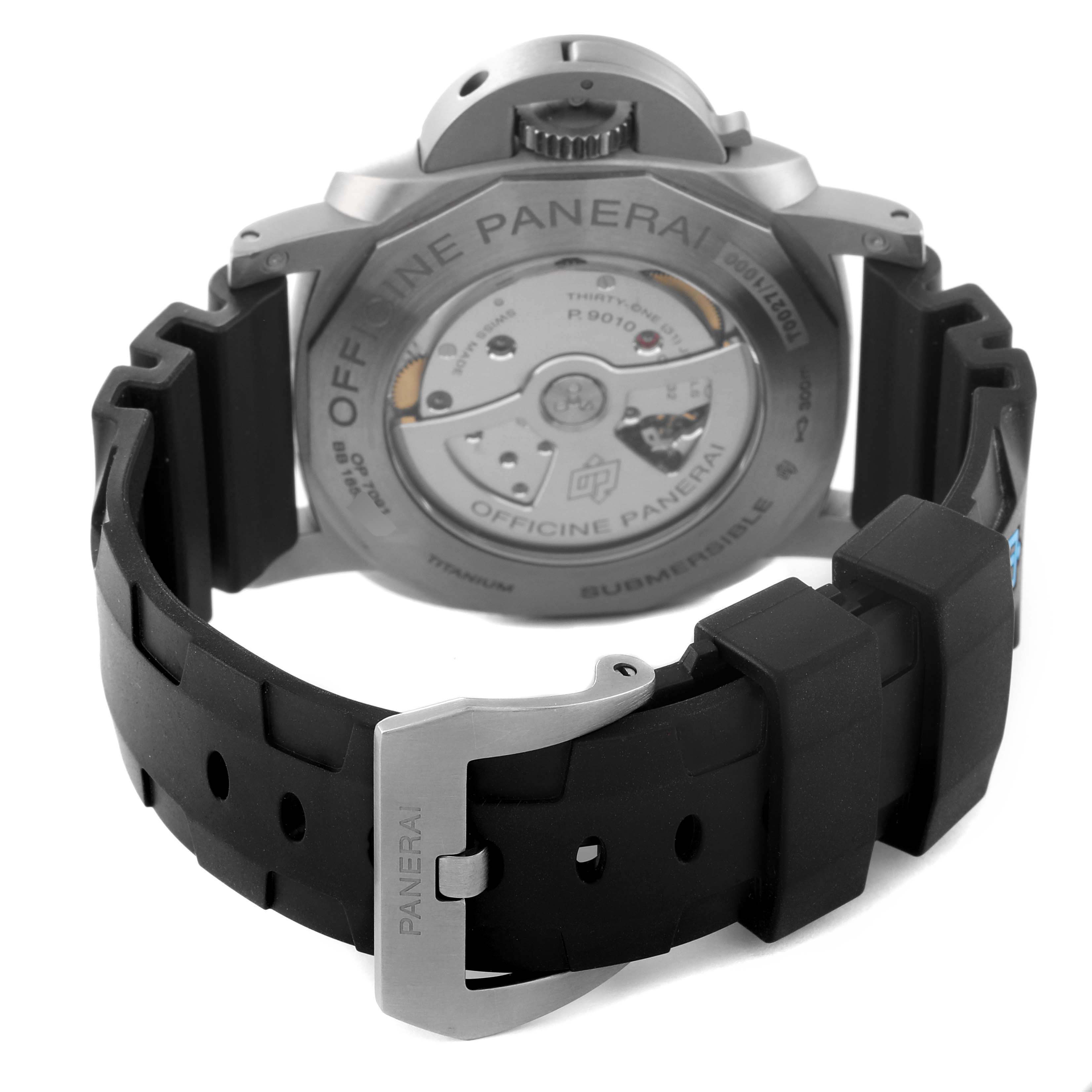 The image shows the back view of a Panerai Submersible PAM01305 Men's Titanium Black Dial PAM01305 Men's Titanium Black Dial watch, highlighting its movement and rubber strap with a buckle.