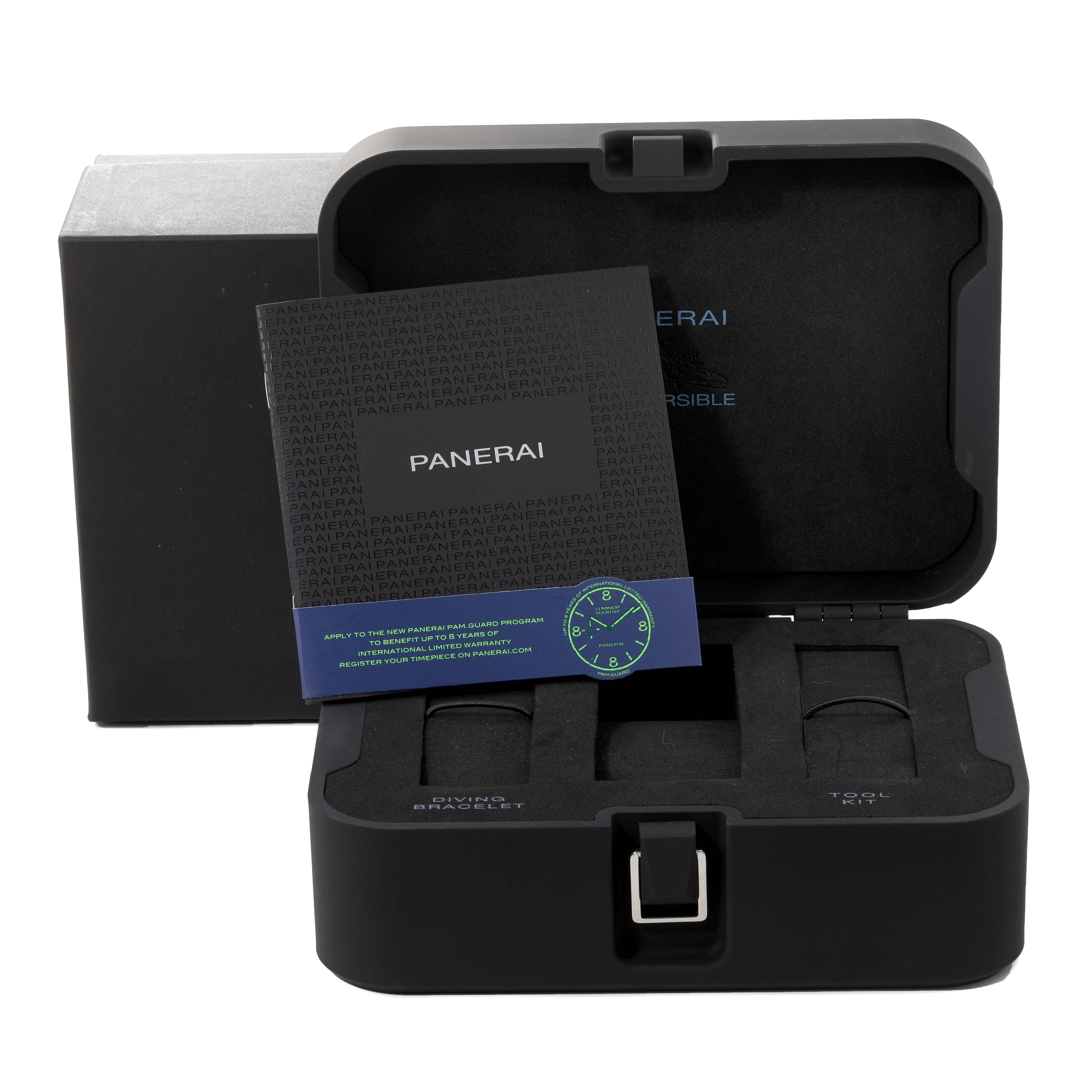 The Panerai Submersible PAM01209 Men
s Stainless Steel Black Dial PAM01209 Men
s Stainless Steel Black Dial
s black watch box and accessories, including documents, are shown from a front angle.