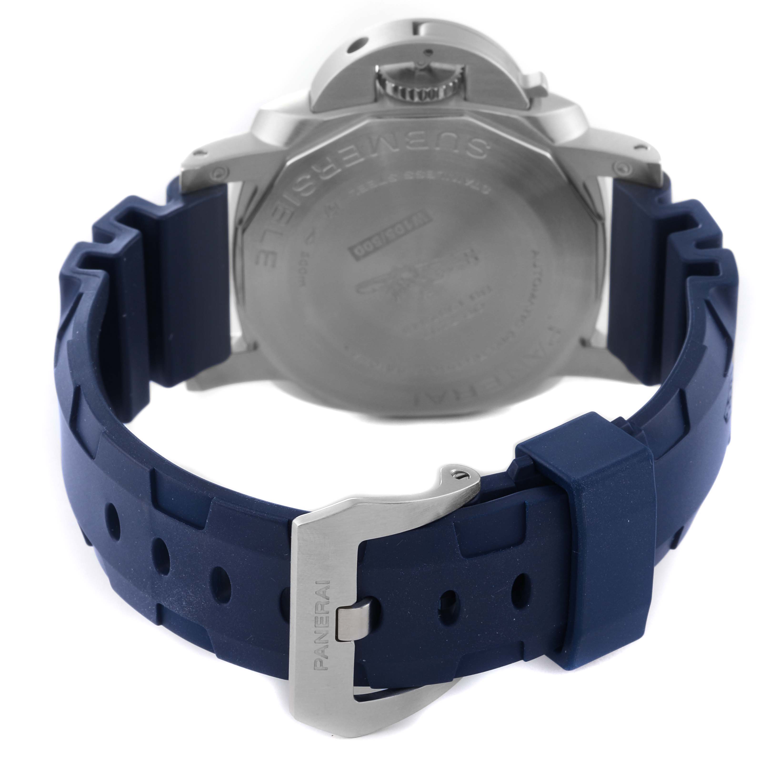 The image shows the back of the Panerai Submersible PAM01209 Men
s Stainless Steel Black Dial PAM01209 Men
s Stainless Steel Black Dial watch, focusing on its case back, crown, and blue rubber strap with a buckle.
