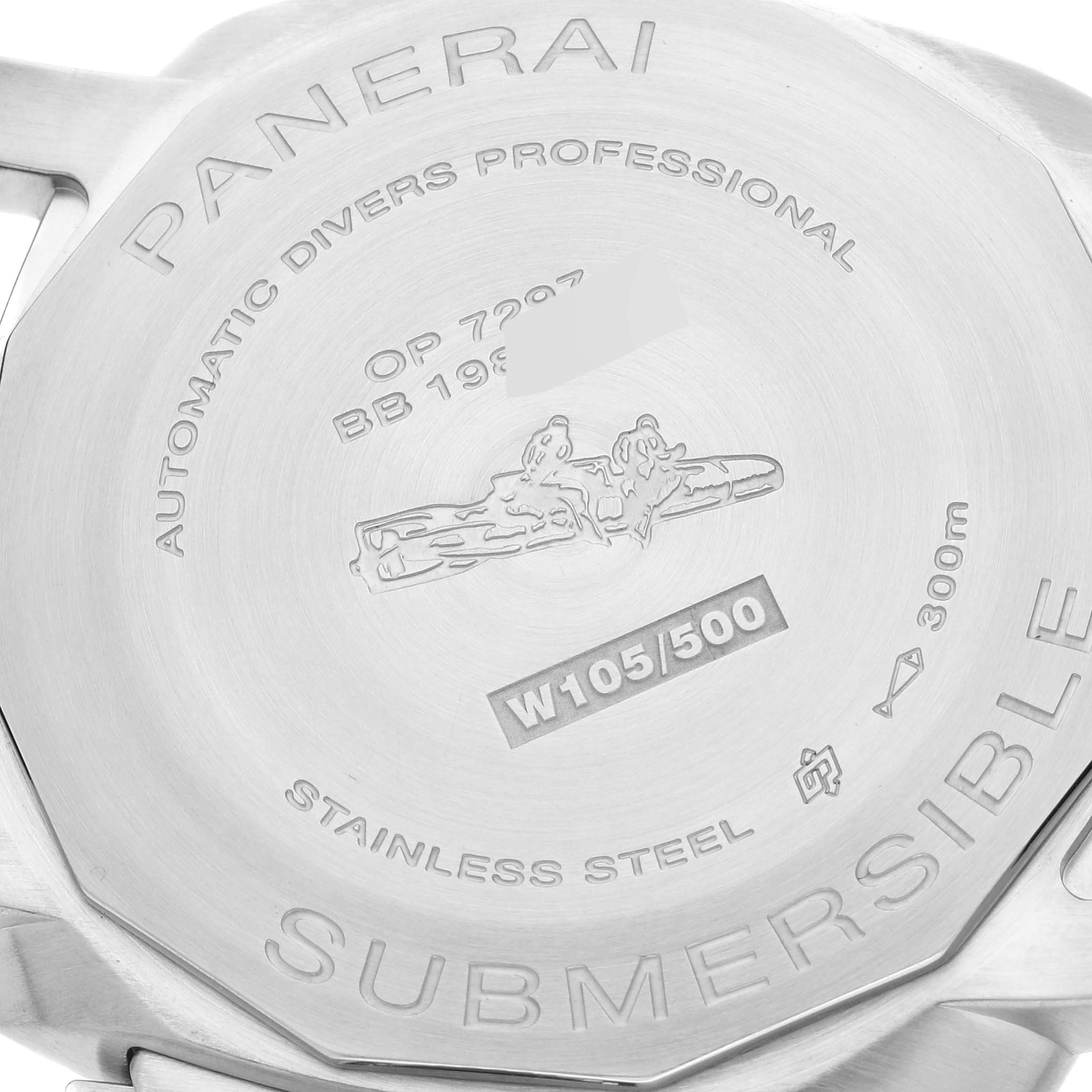 The image shows the back case of a Panerai Submersible PAM01209 Men
s Stainless Steel Black Dial PAM01209 Men
s Stainless Steel Black Dial watch, highlighting its engravings and specifications.