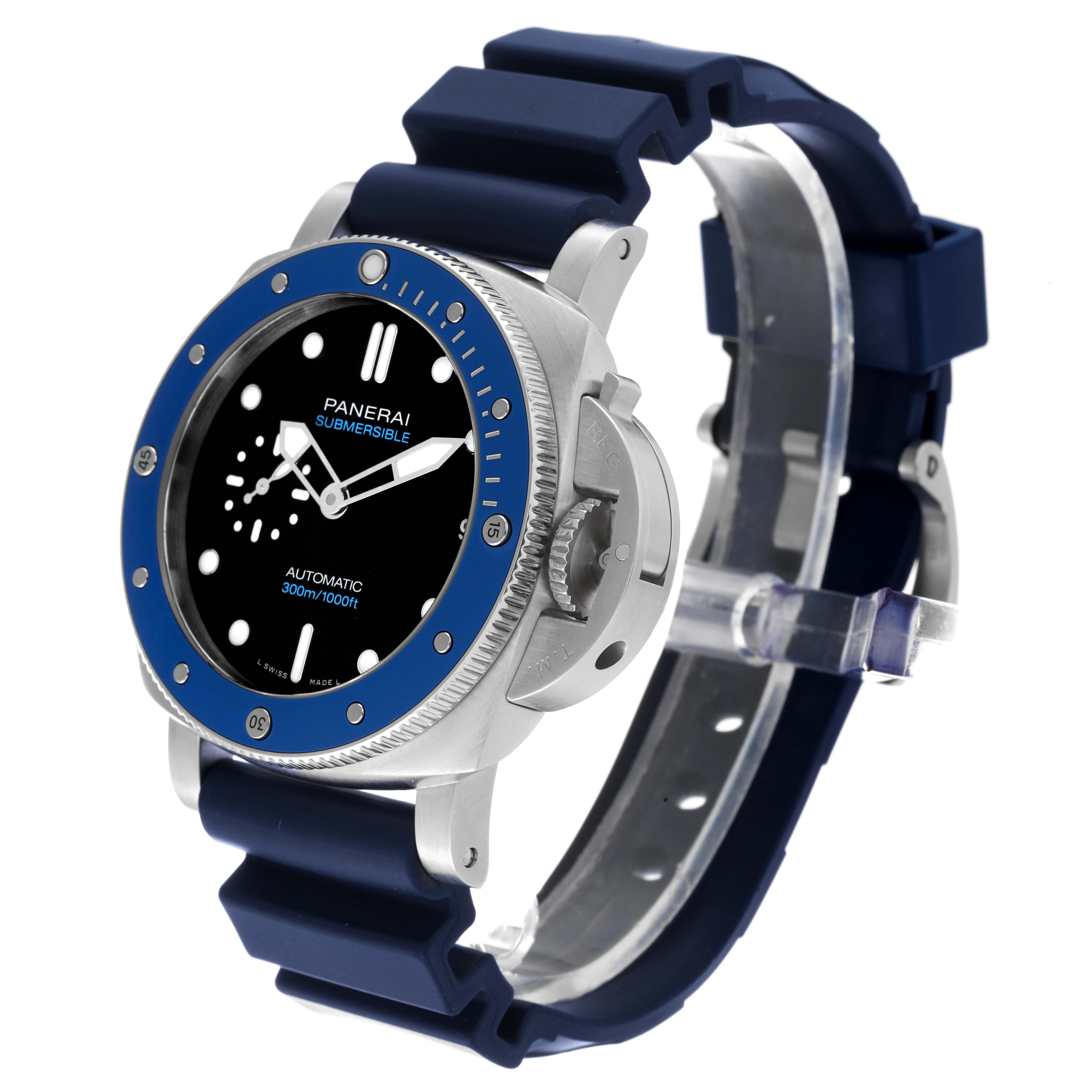 This Panerai Submersible PAM01209 Men
s Stainless Steel Black Dial PAM01209 Men
s Stainless Steel Black Dial watch is viewed at a three-quarter angle, showing the dial, bezel, case, and blue rubber strap.