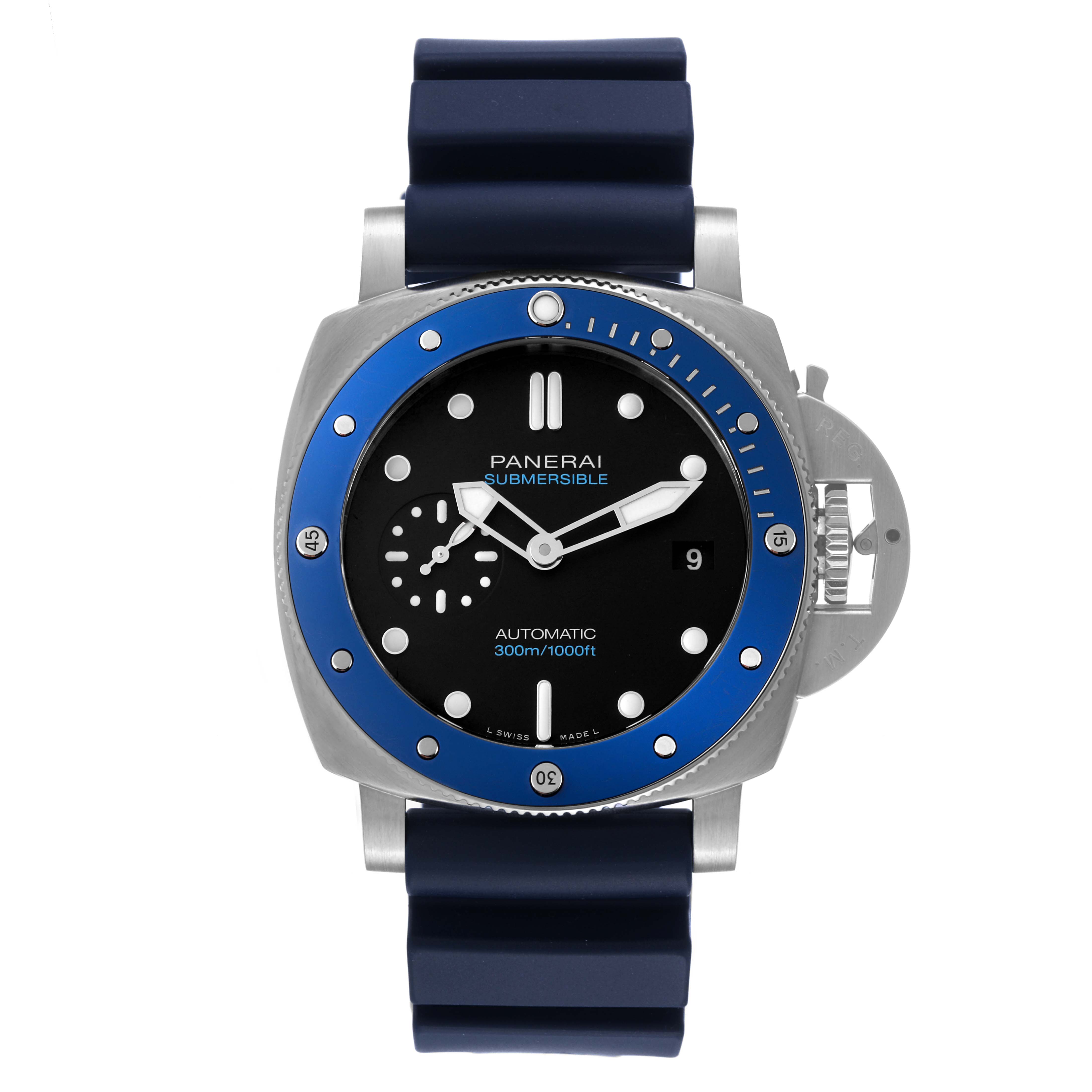 The Panerai Submersible PAM01209 Men
s Stainless Steel Black Dial PAM01209 Men
s Stainless Steel Black Dial watch is shown from the front, highlighting the blue bezel, black dial, and blue rubber strap.