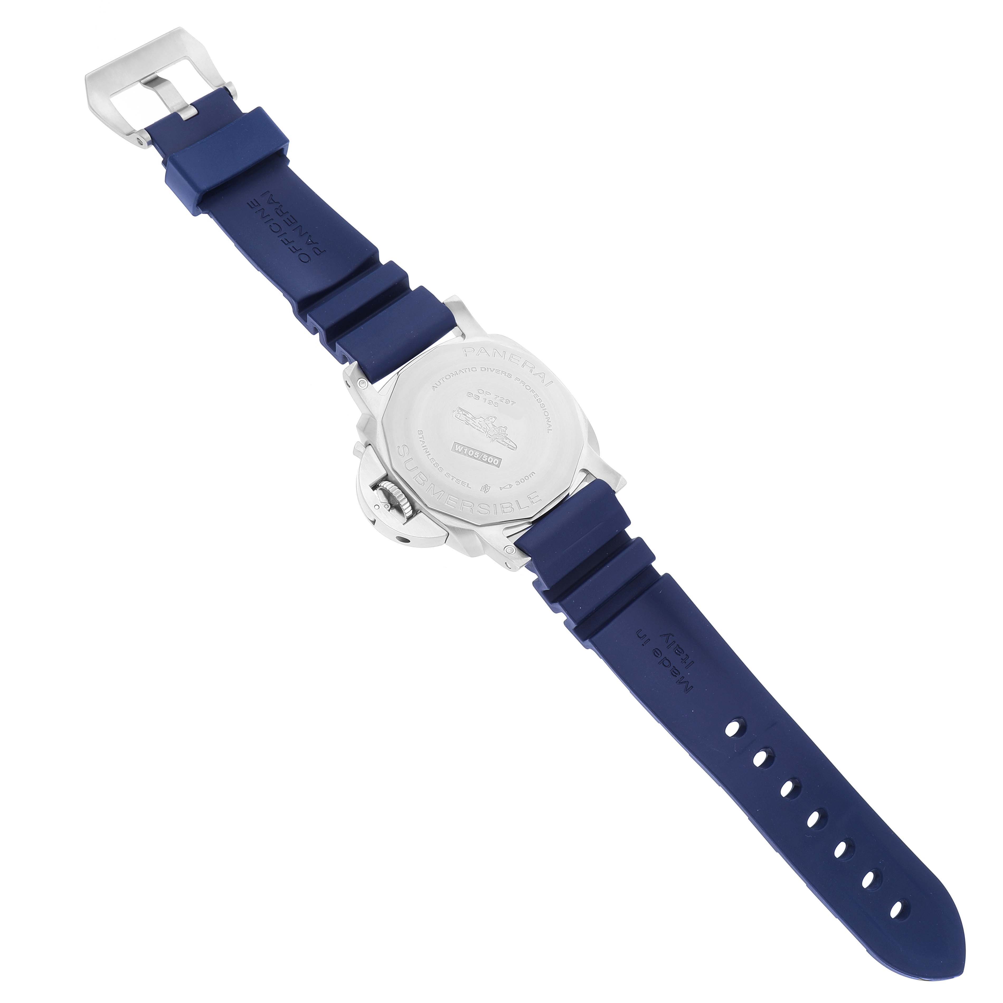 The image shows the back case and blue straps of the Panerai Submersible PAM01209 Men
s Stainless Steel Black Dial PAM01209 Men
s Stainless Steel Black Dial watch.