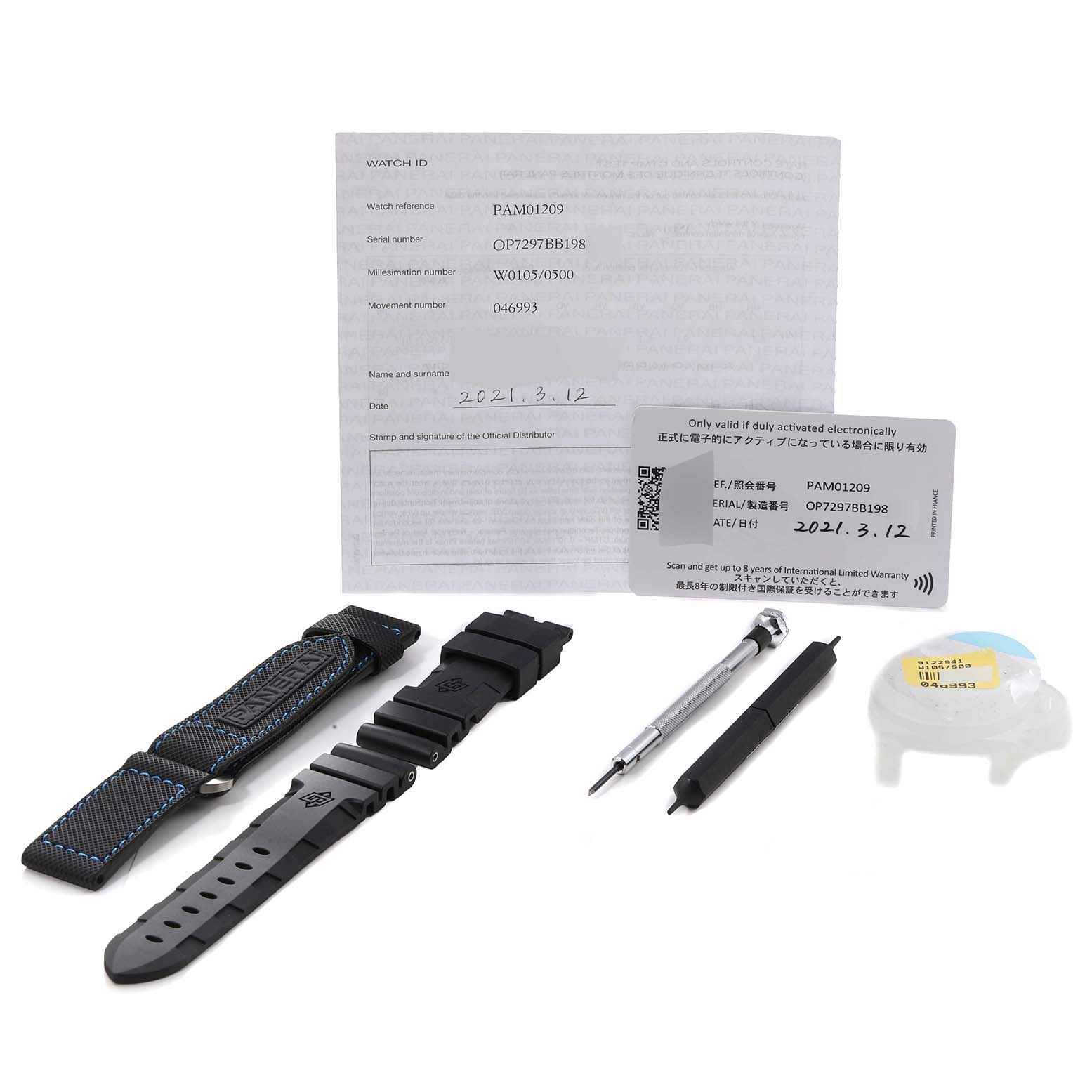 The image shows accessories for a Panerai Submersible PAM01209 Men
s Stainless Steel Black Dial PAM01209 Men
s Stainless Steel Black Dial model, including straps, warranty card, tools, and documentation.