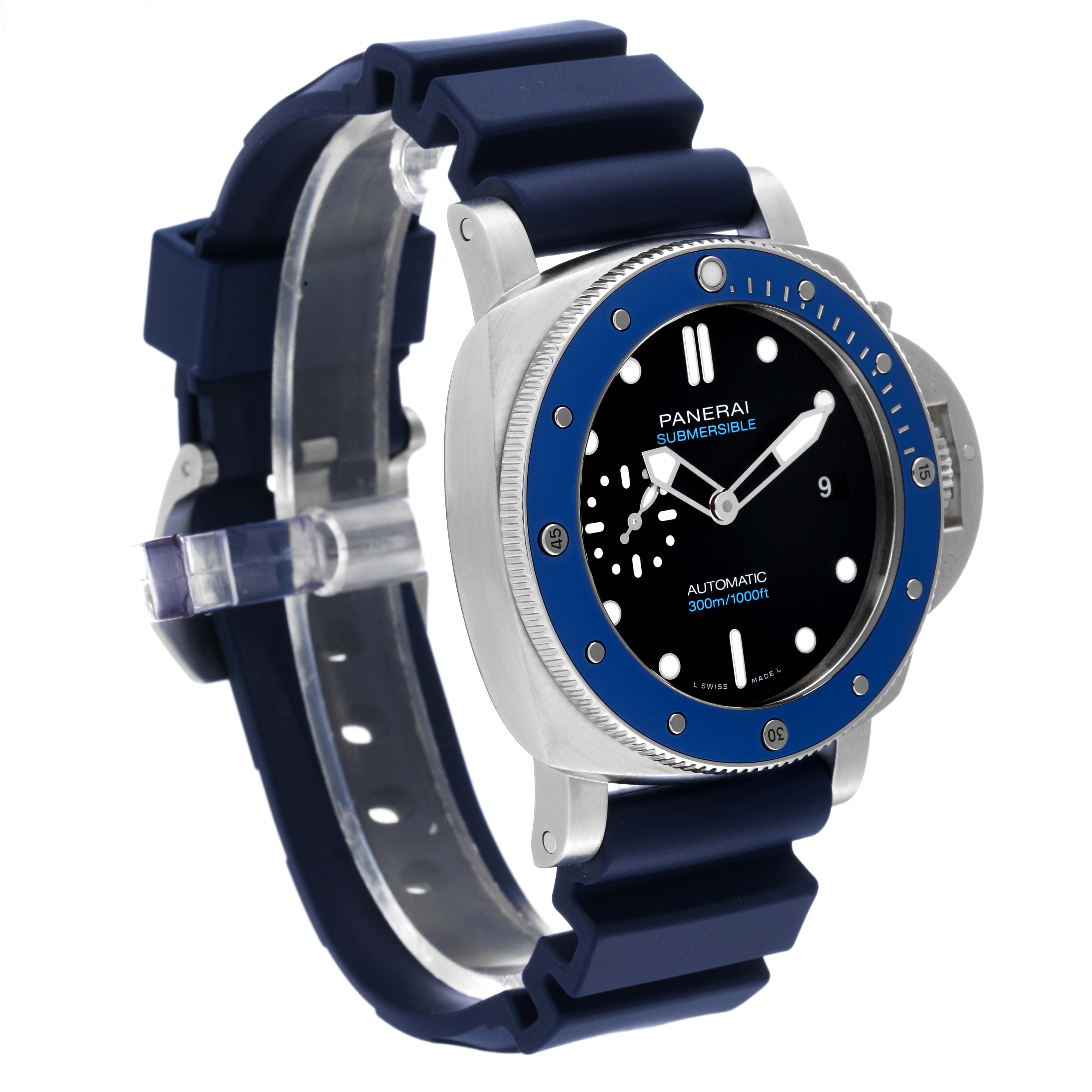 The Panerai Submersible PAM01209 Men
s Stainless Steel Black Dial PAM01209 Men
s Stainless Steel Black Dial watch is shown at an angle displaying the face, bezel, and strap.