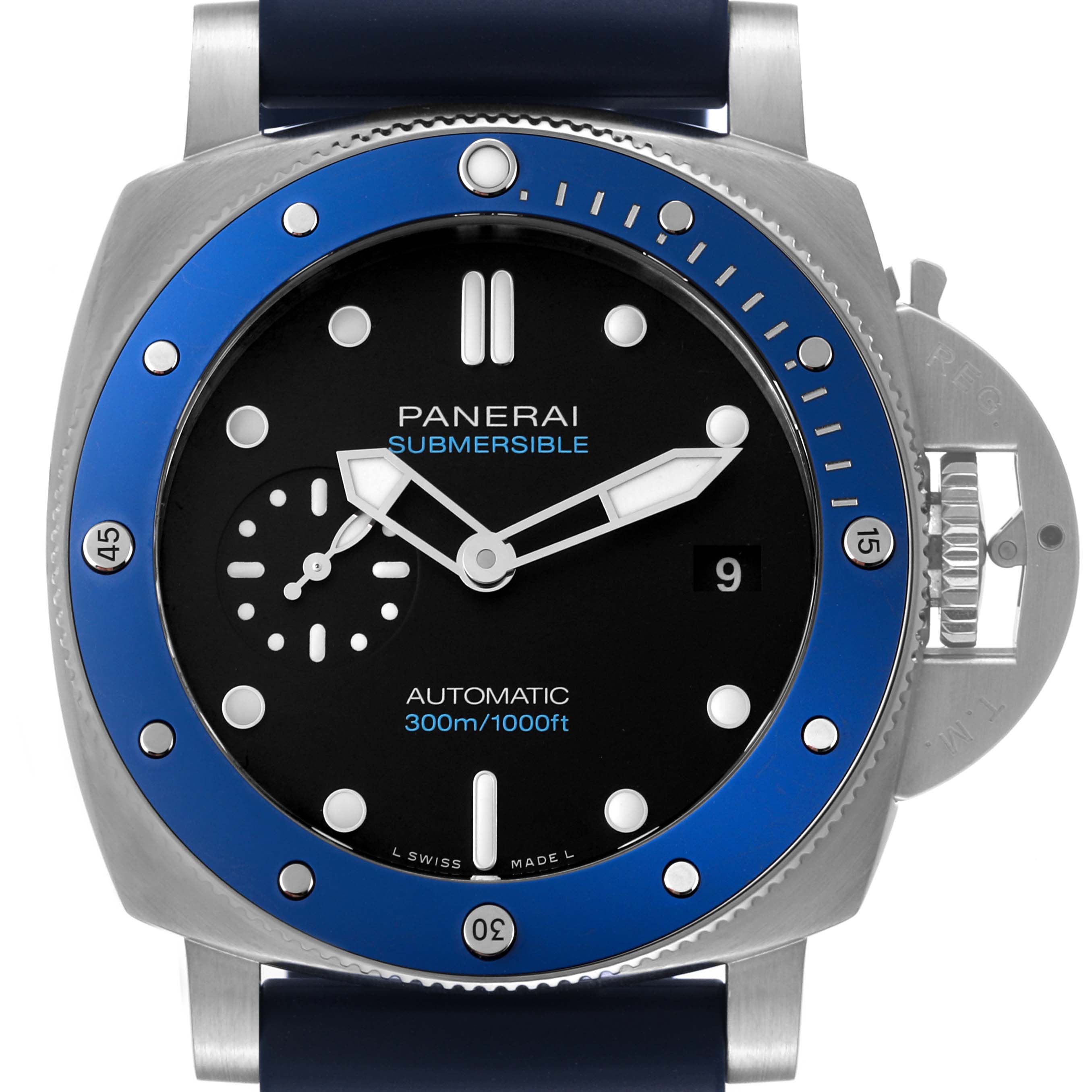 The image shows a front view of the Panerai Submersible PAM01209 Men
s Stainless Steel Black Dial PAM01209 Men
s Stainless Steel Black Dial watch, highlighting its blue bezel, black dial, and crown guard.