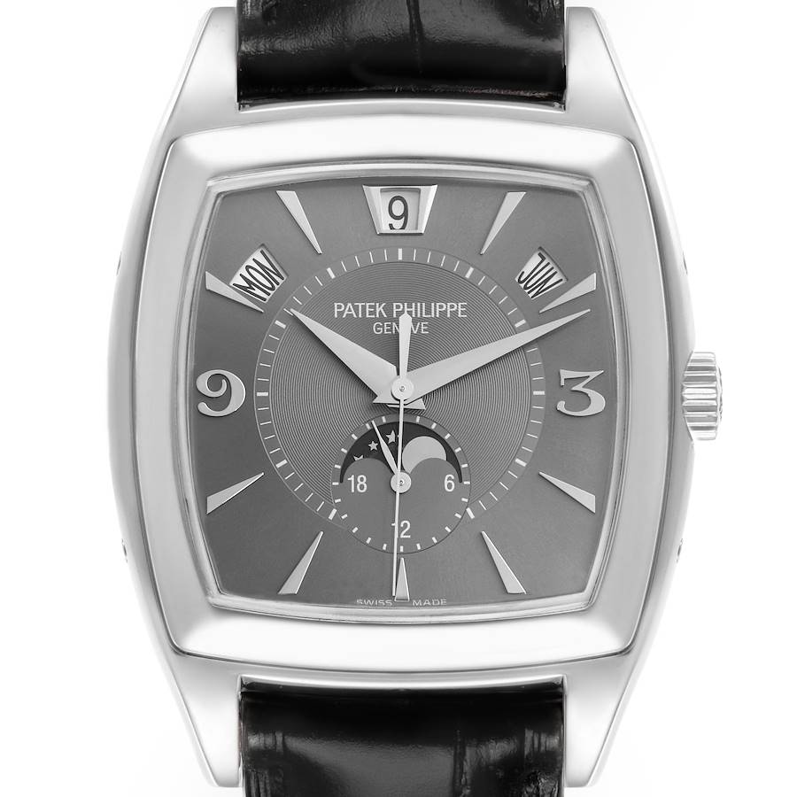 The Patek Philippe Gondolo 5135G-010 Men's White Gold Grey Dial watch is shown from the front, displaying the dial, hands, date, and moon phase indicators.