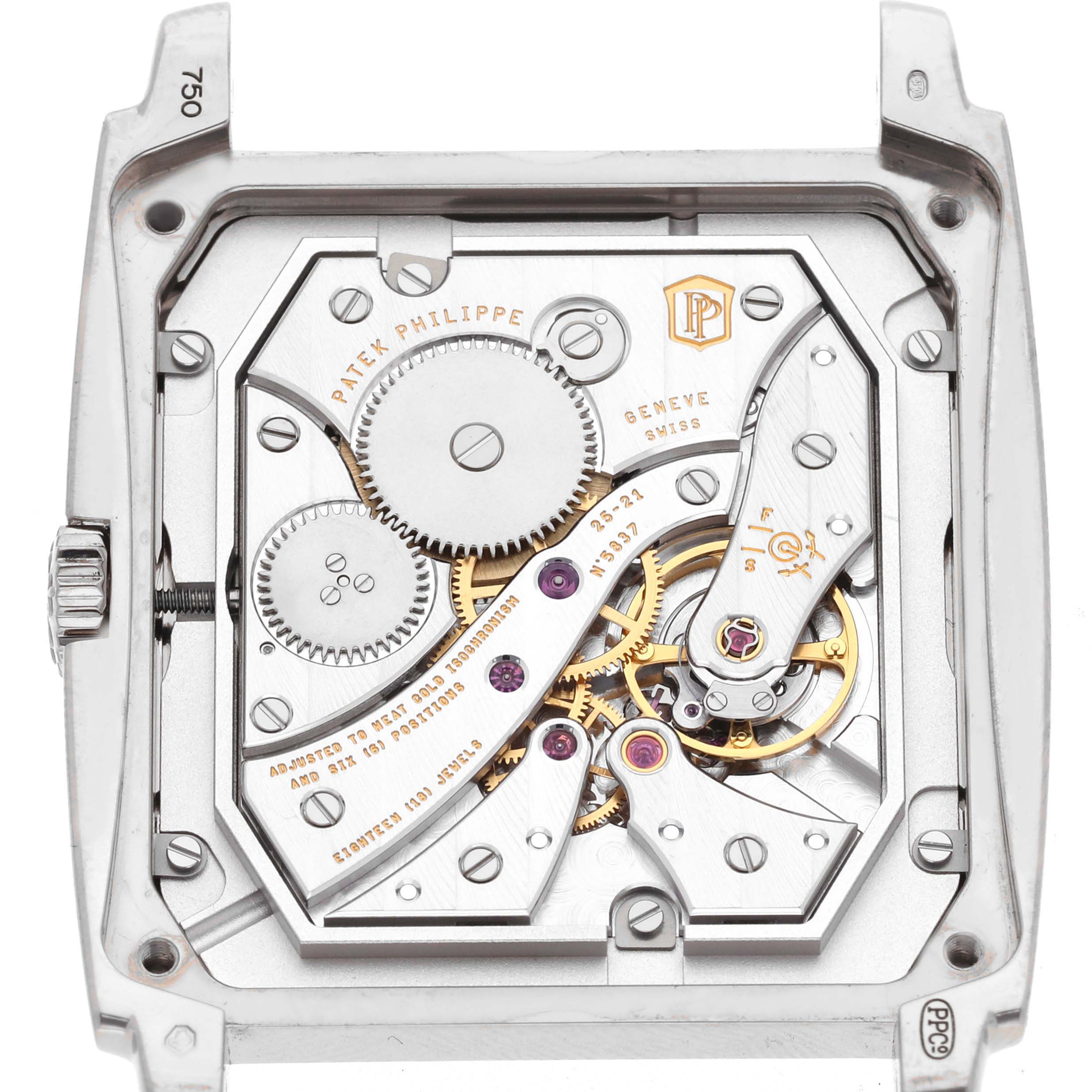 The image shows the back of a Patek Philippe Gondolo 5124G-011 Men's White Gold Blue Dial 5124G-011 Men's White Gold Blue Dial, highlighting the movement and intricate components.