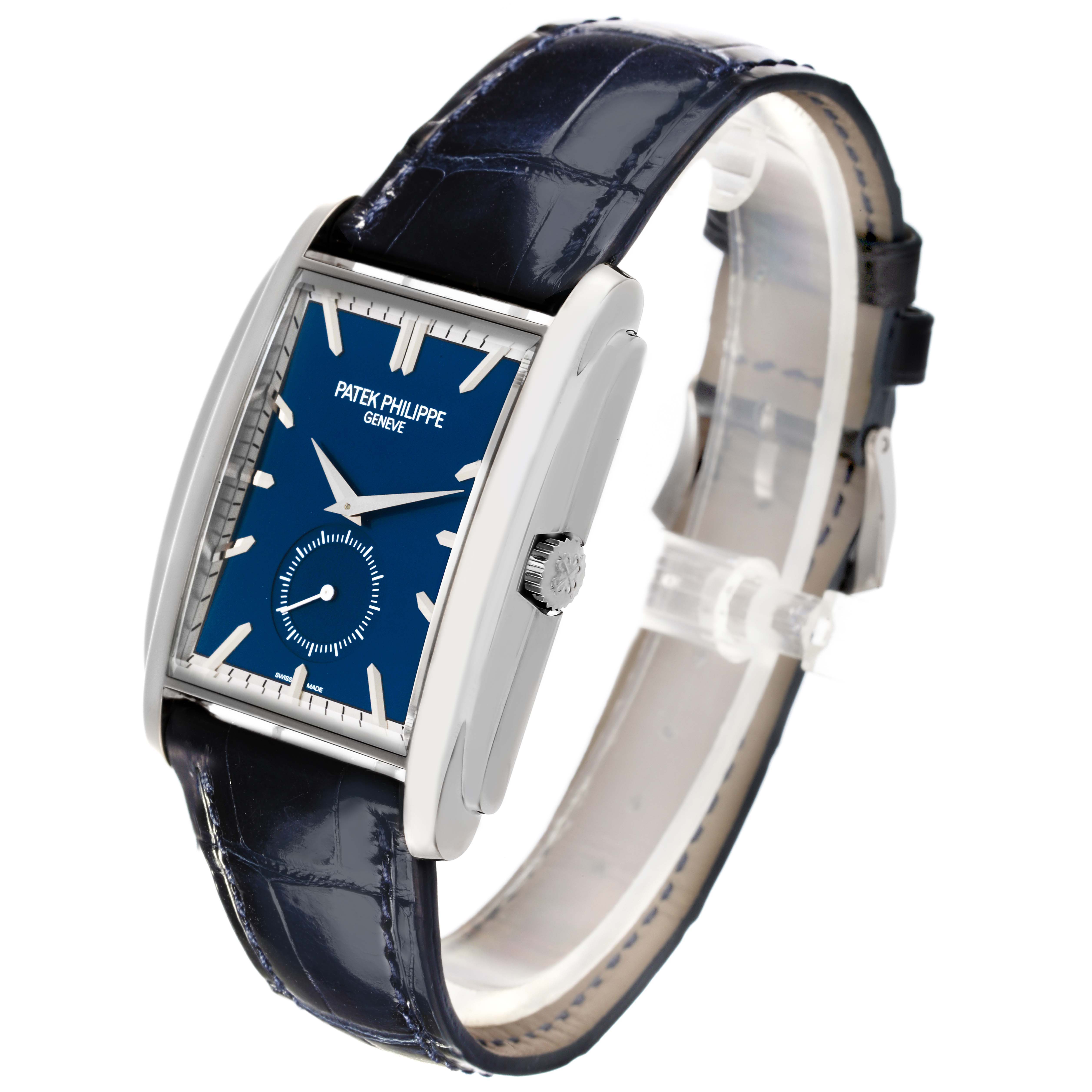 The Patek Philippe Gondolo 5124G-011 Men's White Gold Blue Dial 5124G-011 Men's White Gold Blue Dial watch is shown at a three-quarter angle, featuring the face, crown, and part of the strap.