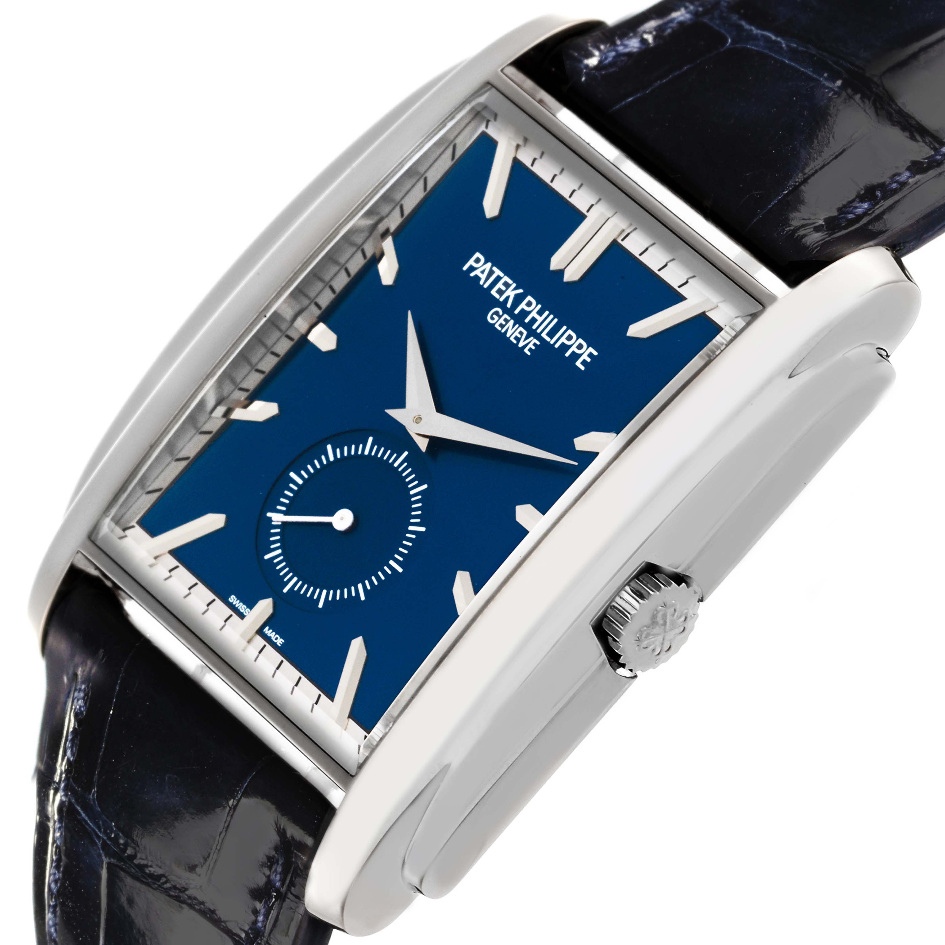 The Patek Philippe Gondolo 5124G-011 Men's White Gold Blue Dial 5124G-011 Men's White Gold Blue Dial watch is shown at an angled side view, displaying the crown, case, and blue dial with a sub-dial.