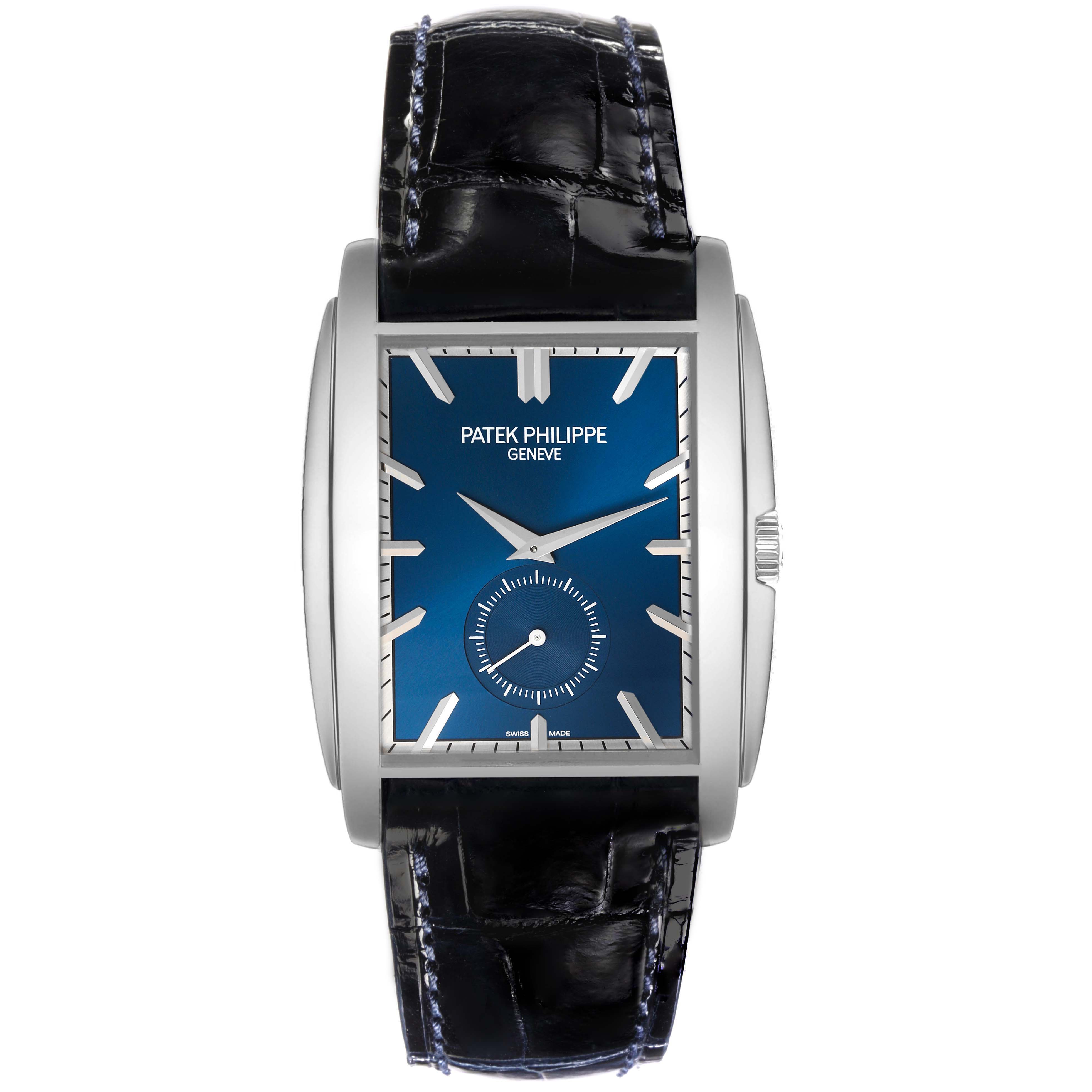 The Patek Philippe Gondolo 5124G-011 Men's White Gold Blue Dial 5124G-011 Men's White Gold Blue Dial watch is shown from the front, displaying the face, bezel, and partial strap.