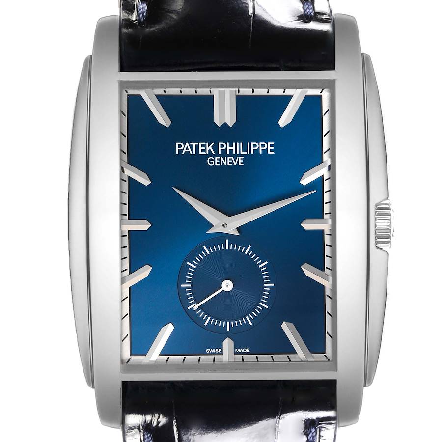 The Patek Philippe Gondolo watch is shown from the front, highlighting the blue dial, hands, markers, and crown.