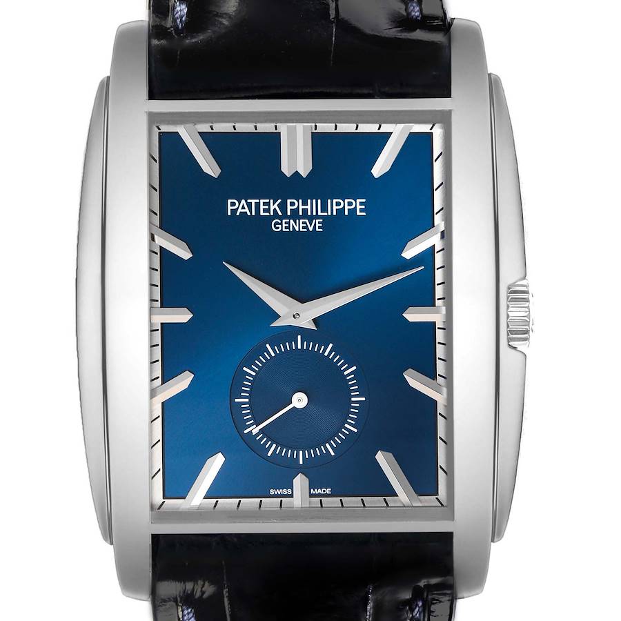 The image shows a frontal view of the Patek Philippe Gondolo watch, highlighting its blue dial, hour markers, and crown.