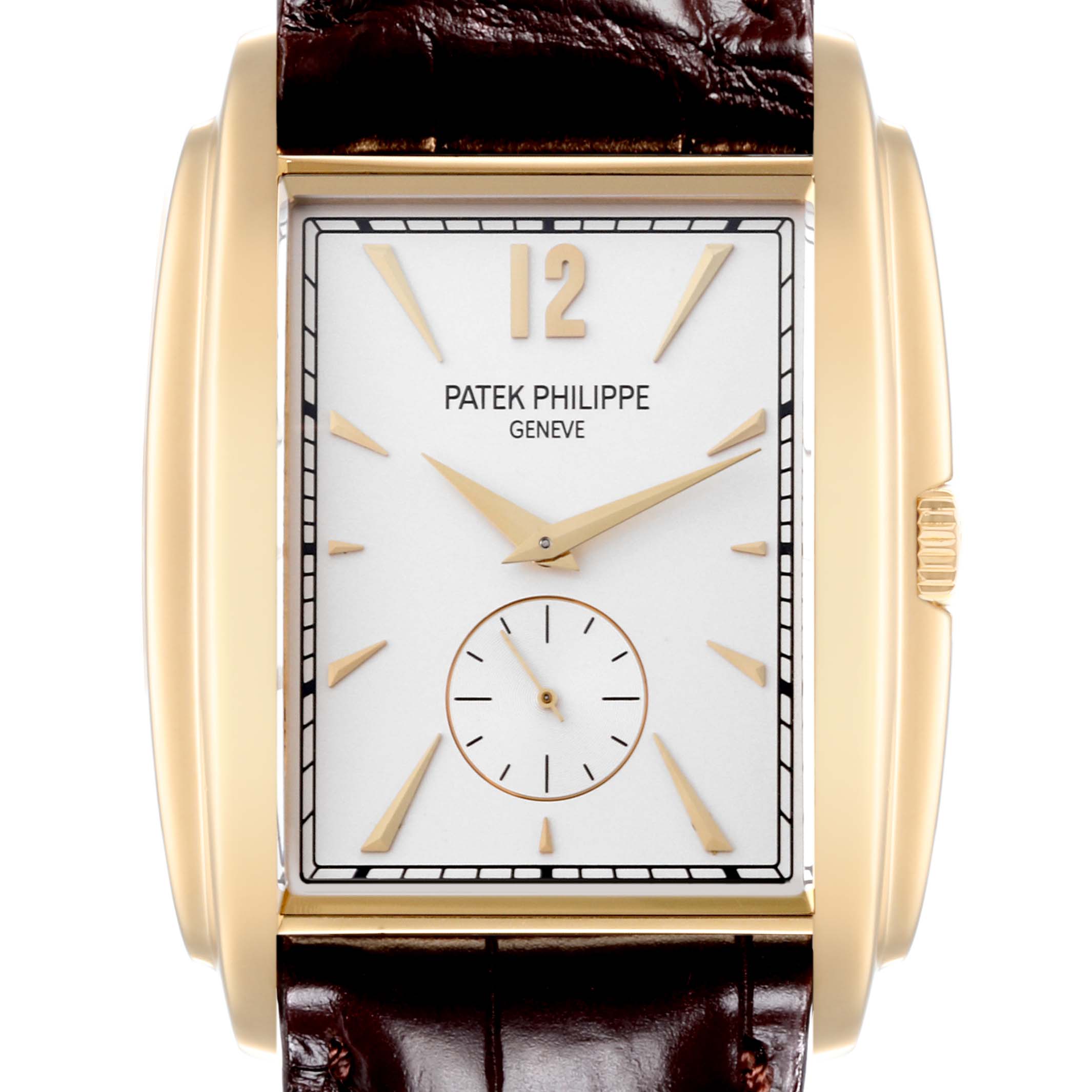 The image shows a frontal view of the Patek Philippe Gondolo 5124J Men's Yellow Gold Silver Dial 5124J Men's Yellow Gold Silver Dial watch, highlighting its dial, hands, case, and crown.