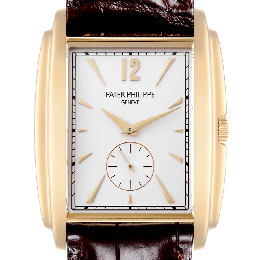 The image shows a frontal view of the Patek Philippe Gondolo watch, highlighting its dial, hands, case, and crown.