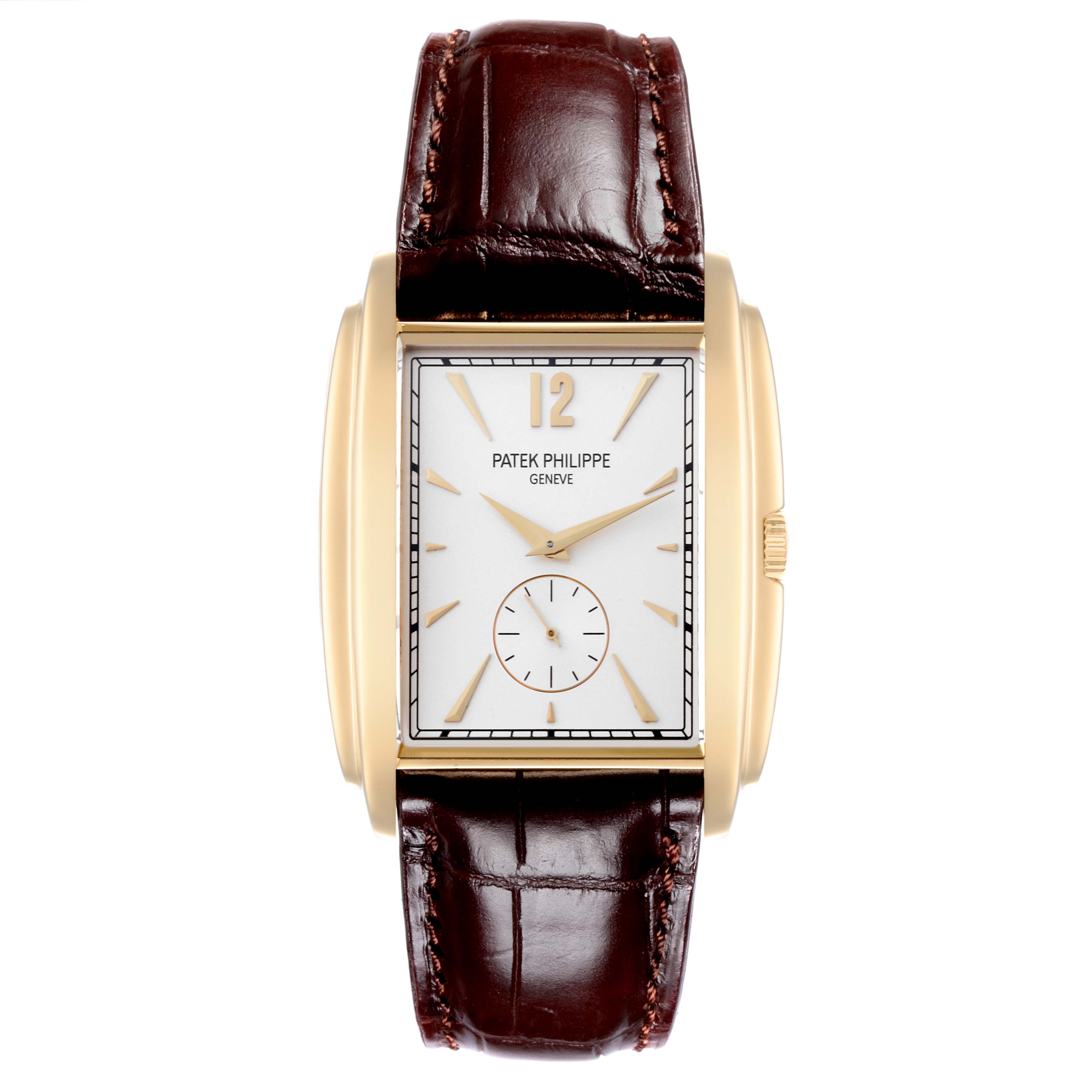 The Patek Philippe Gondolo 5124J Men's Yellow Gold Silver Dial 5124J Men's Yellow Gold Silver Dial watch is shown from the front, highlighting the dial, rectangular case, and leather strap.