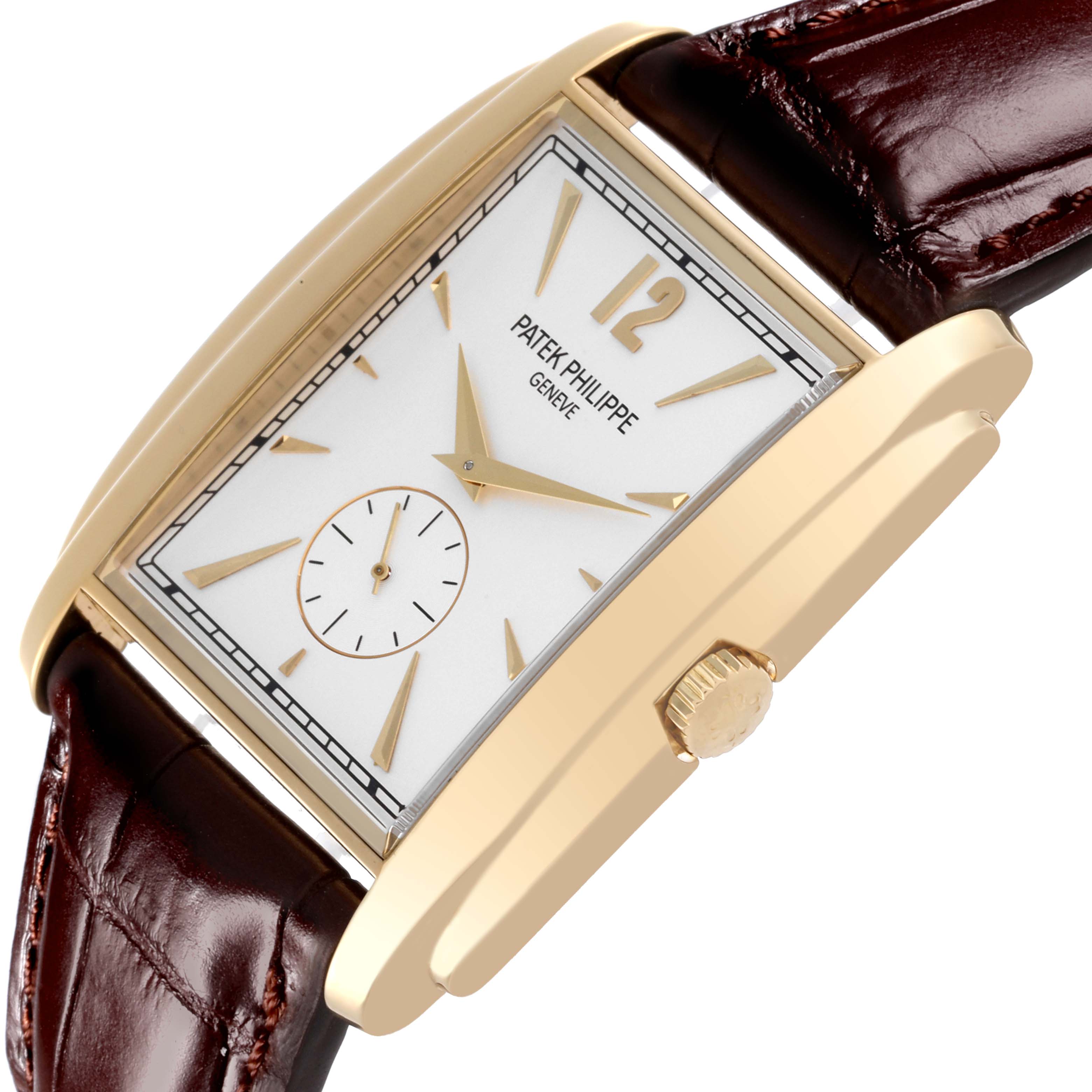 The image shows a Patek Philippe Gondolo 5124J Men's Yellow Gold Silver Dial 5124J Men's Yellow Gold Silver Dial watch at an angled side view, highlighting the casing, dial, crown, and leather strap.