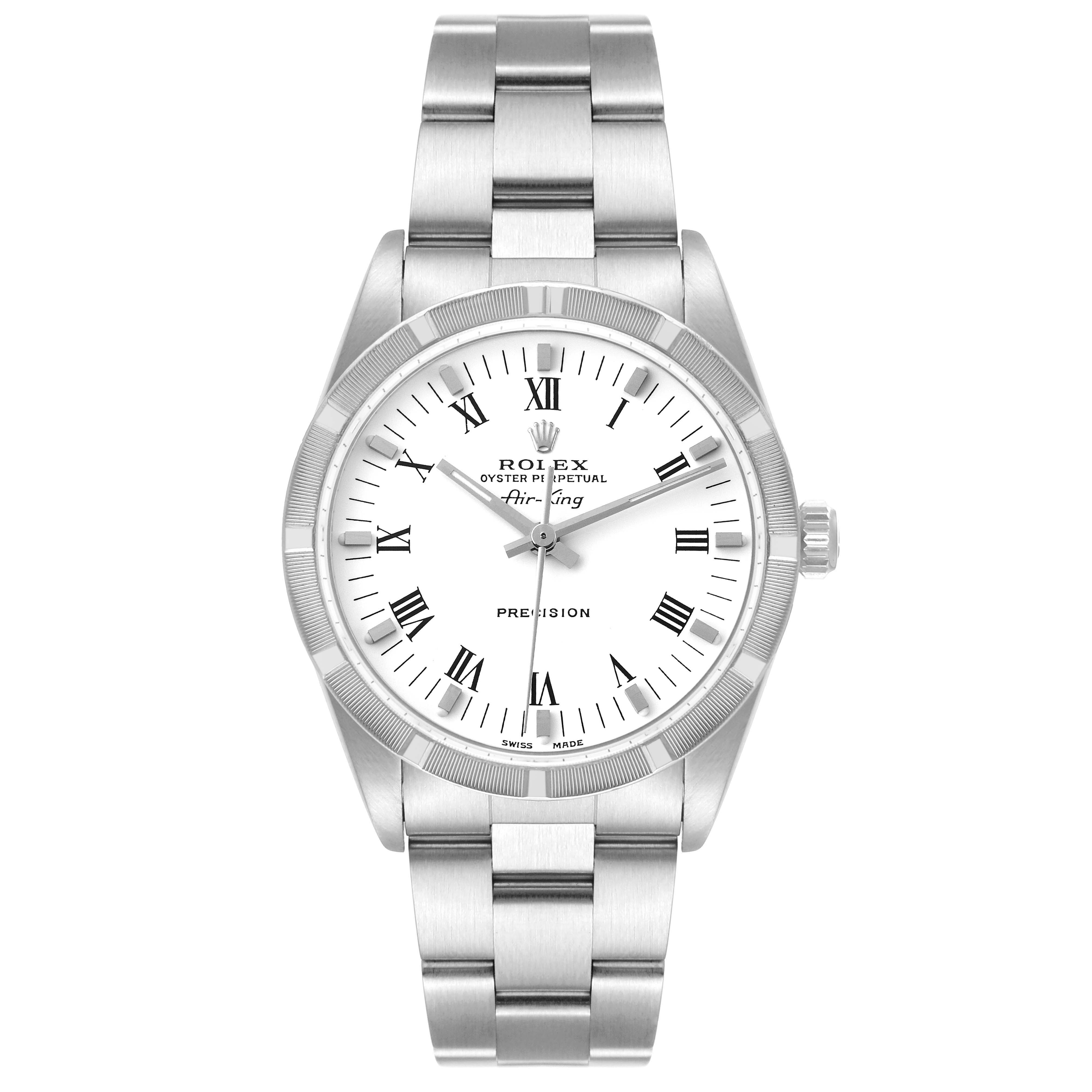 The image shows a front view of the Rolex Air-King 14010 Men's Stainless Steel White Dial 14010 Men's Stainless Steel White Dial watch, highlighting the dial, bezel, bracelet, and crown.