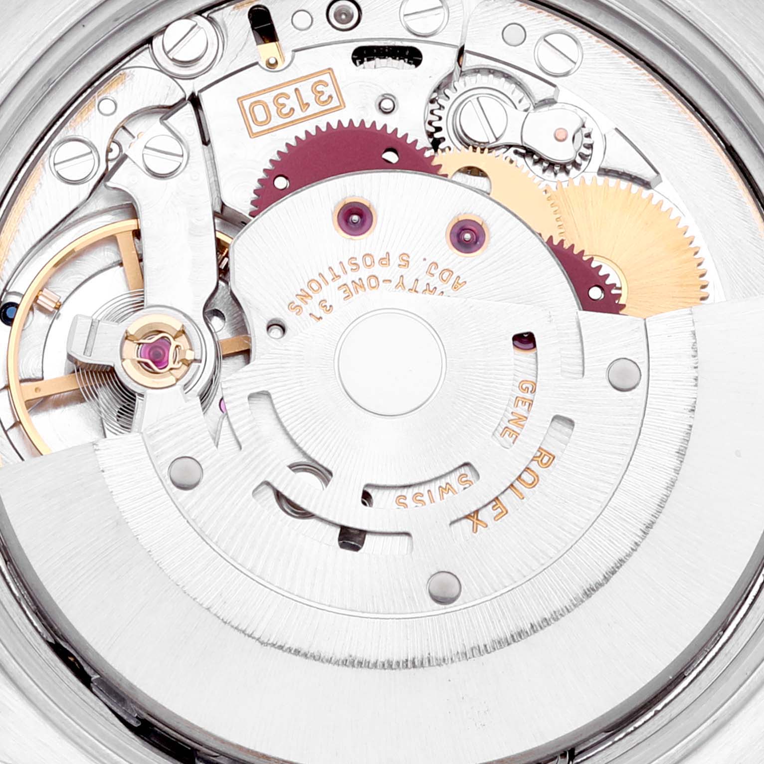 The image shows a close-up view of the inner mechanical movement components of a Rolex Air-King 14010 Men's Stainless Steel White Dial 14010 Men's Stainless Steel White Dial watch.