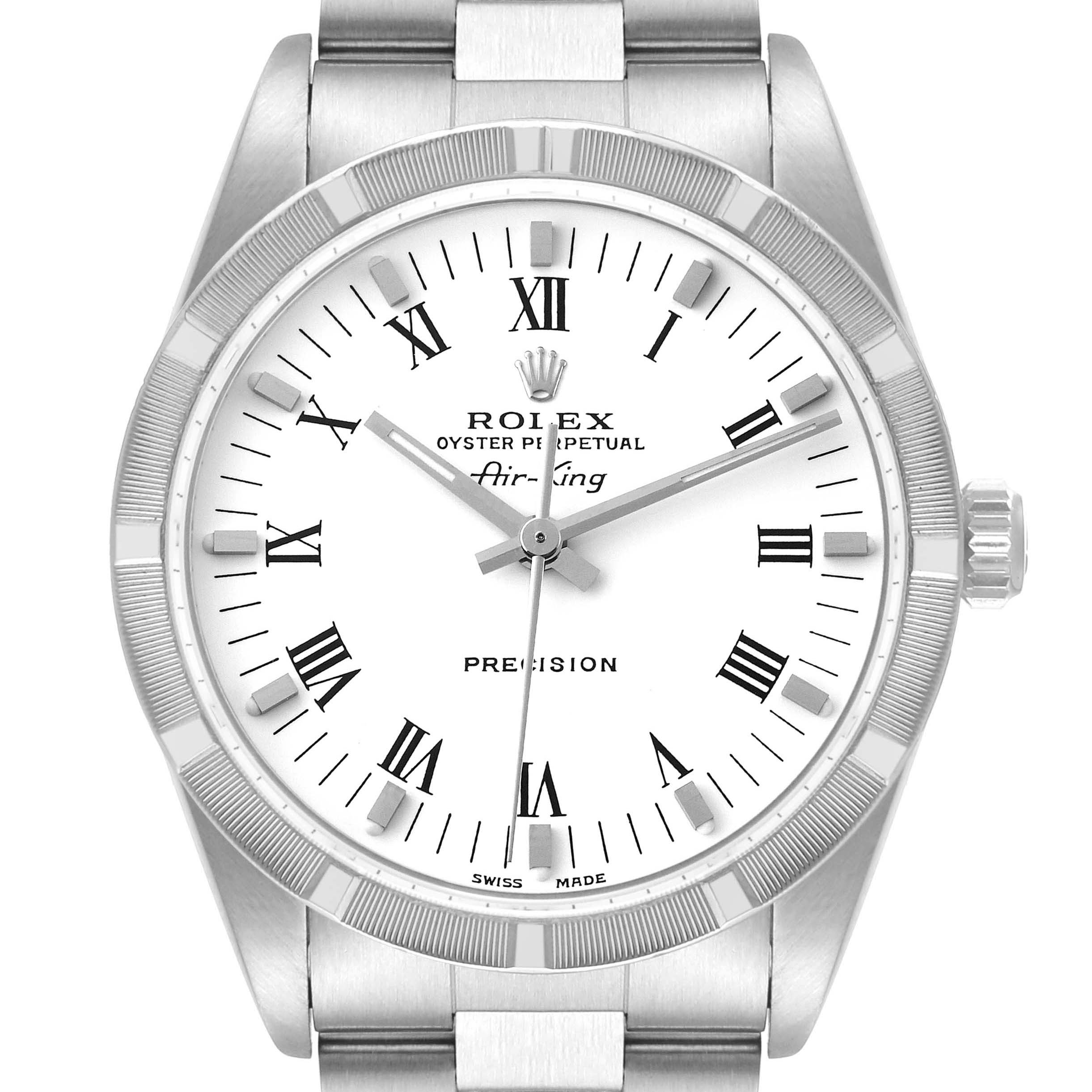 The image shows a close-up of a Rolex Air-King 14010 Men's Stainless Steel White Dial 14010 Men's Stainless Steel White Dial watch from the front, highlighting the dial, hands, and bezel.